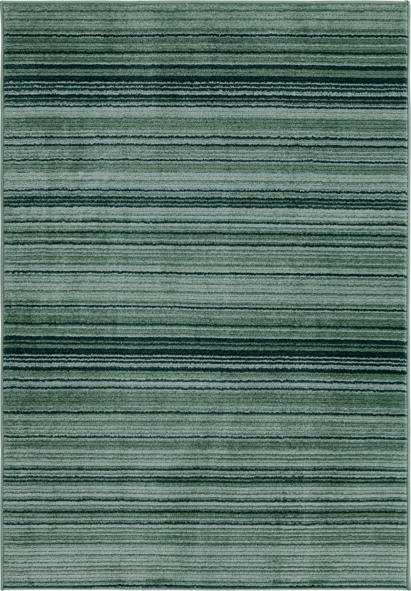A 4x6 rectangular indoor rug featuring horizontal stripes in varying shades of green, from light sage to deep forest green, with a textured pile.