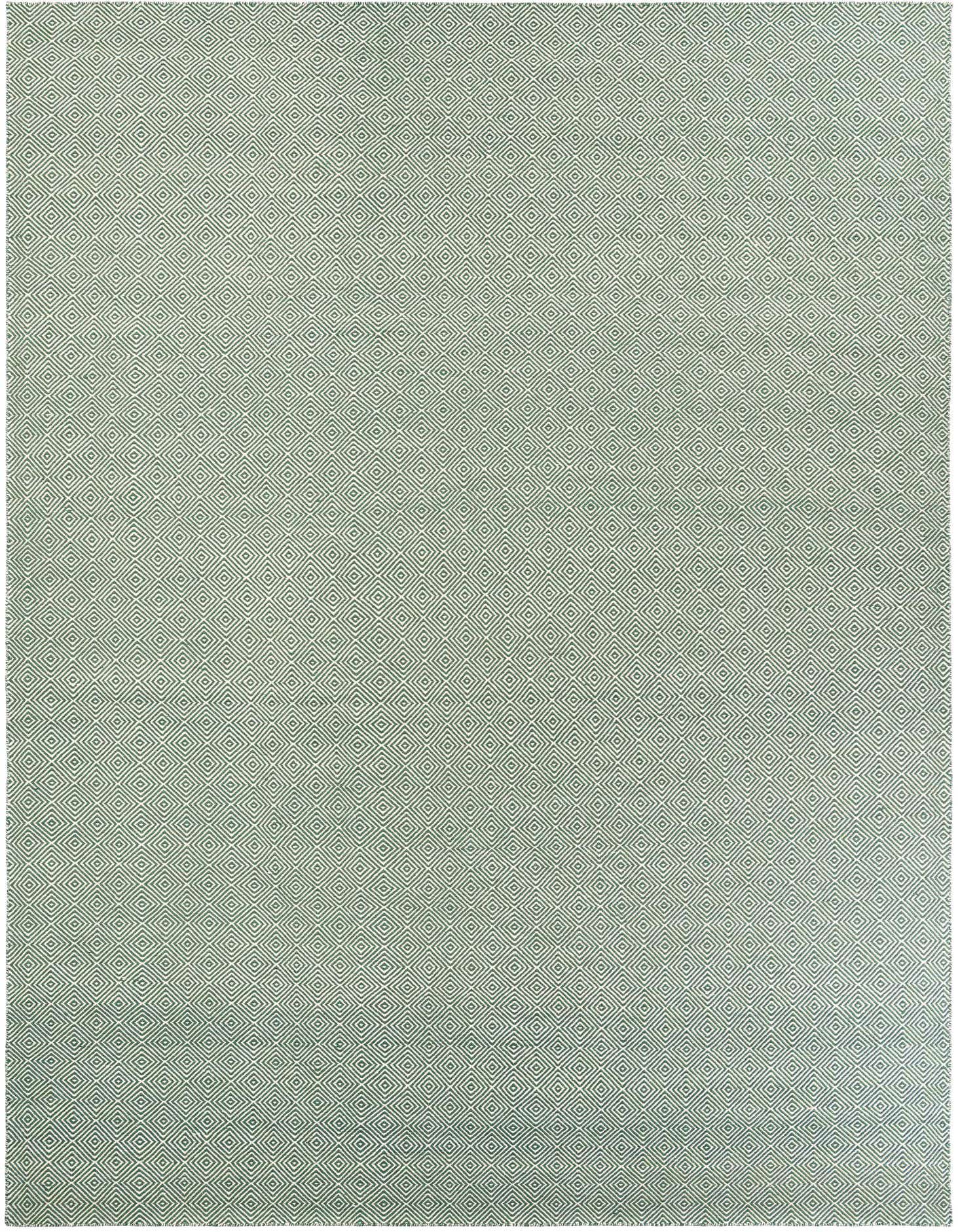 A 10x14 rectangular Geo Trellis Flatweave rug in shades of green with a repeating modern diamond pattern.