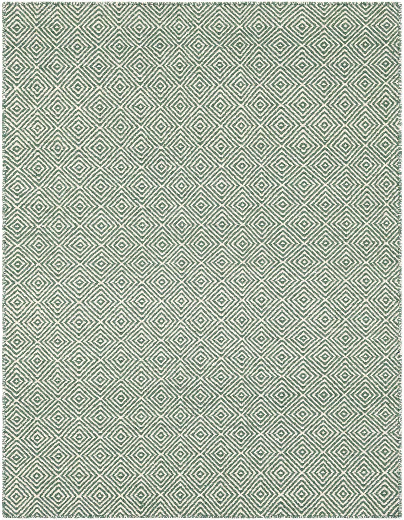 A 4x6 rectangular green and white flatweave rug with a modern trellis diamond pattern, ideal for various indoor rooms.