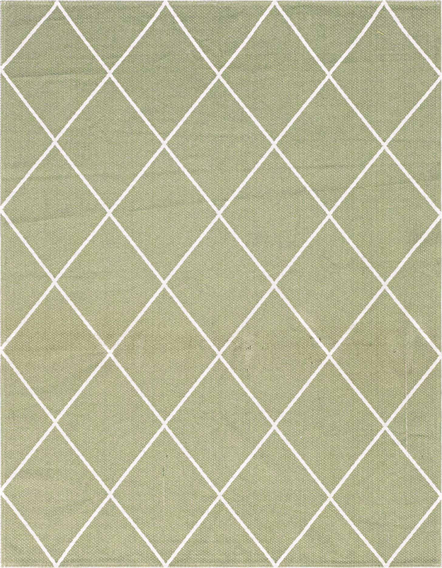 A 7x10 rectangular green rug with a white diamond trellis pattern, ideal for a living room or office.