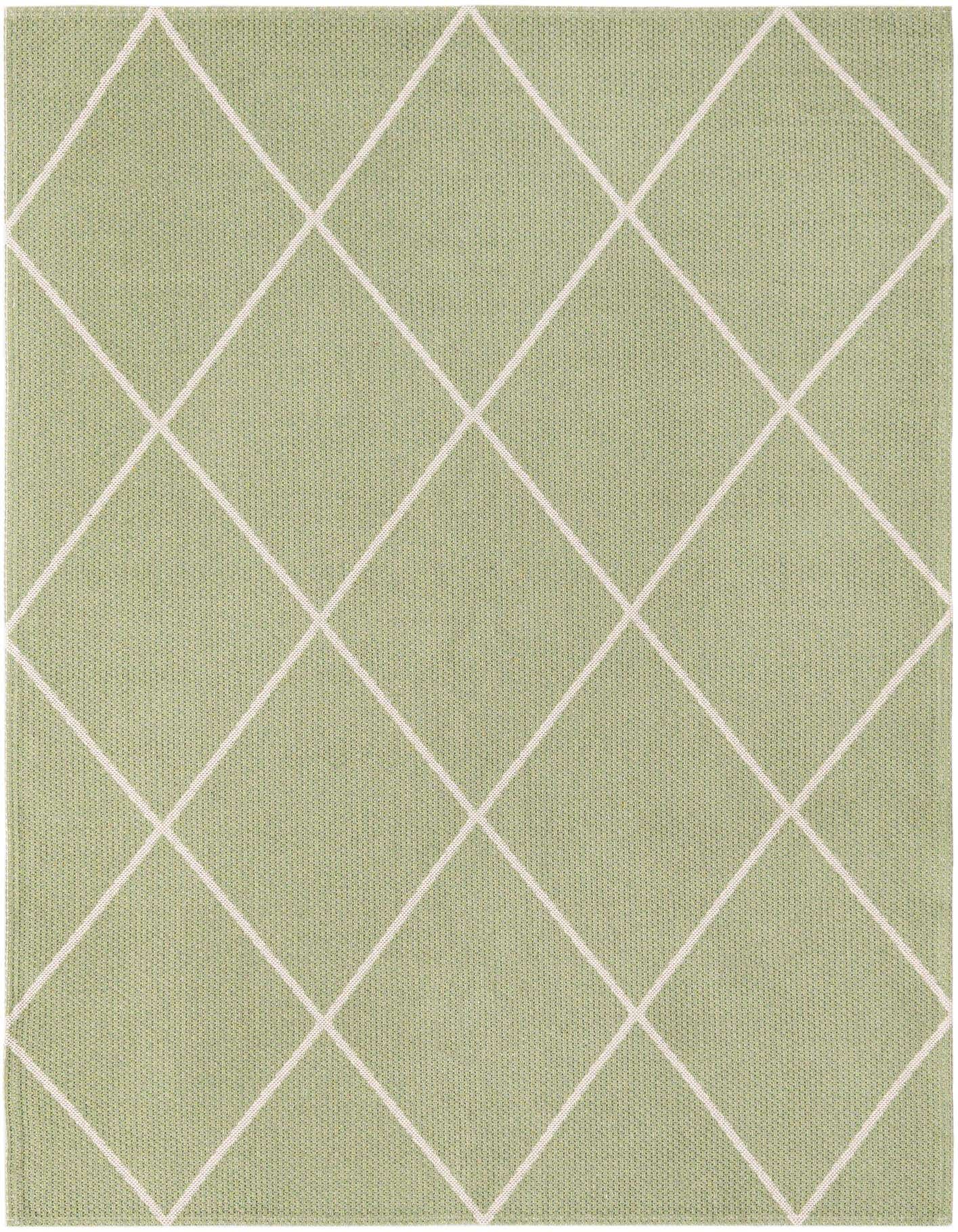 A 5x8 rectangular green flatweave rug with a white trellis pattern, suitable for a living room or kitchen.