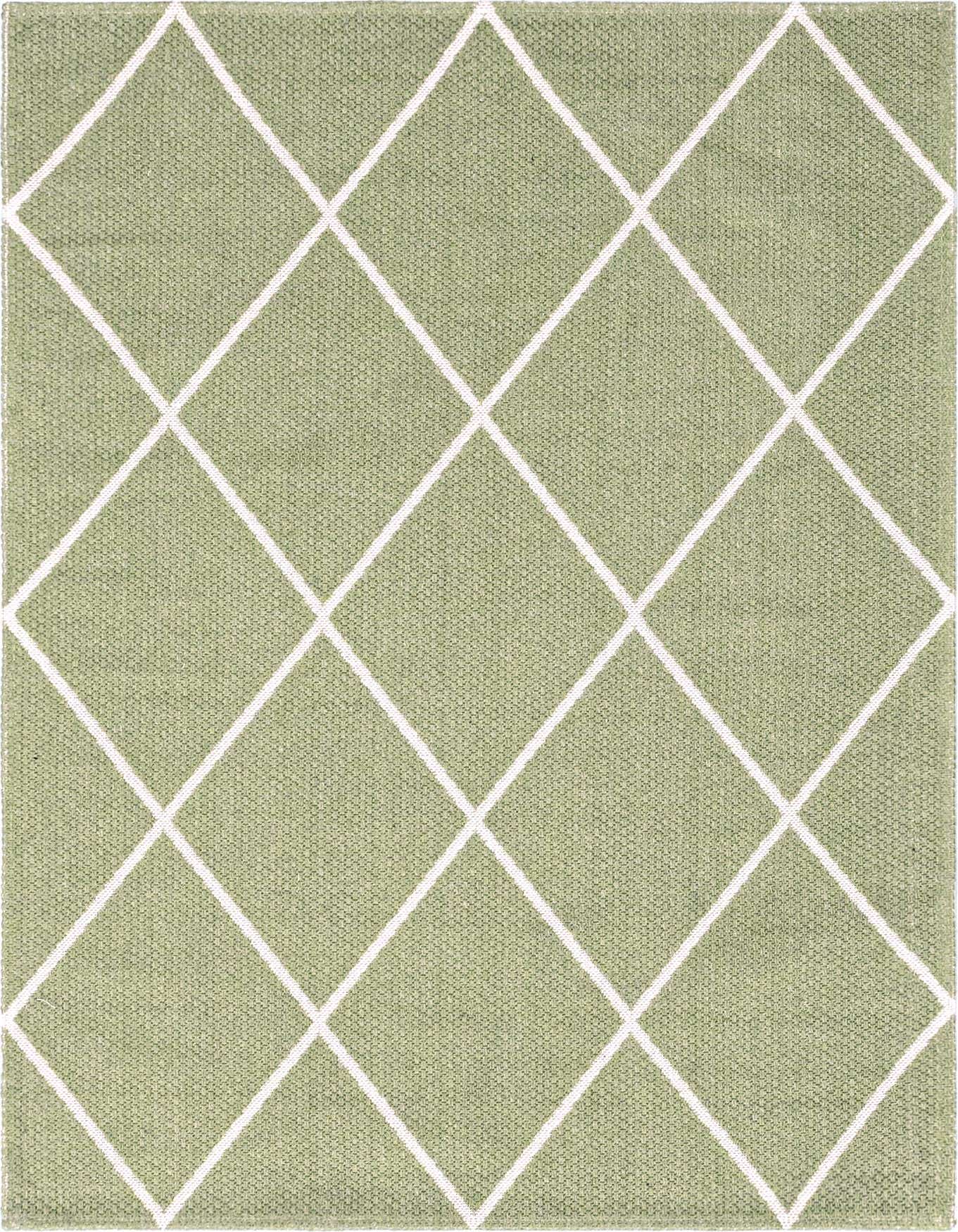 A 4x6 rectangular green flatweave rug with a white trellis pattern, perfect for a modern living room.