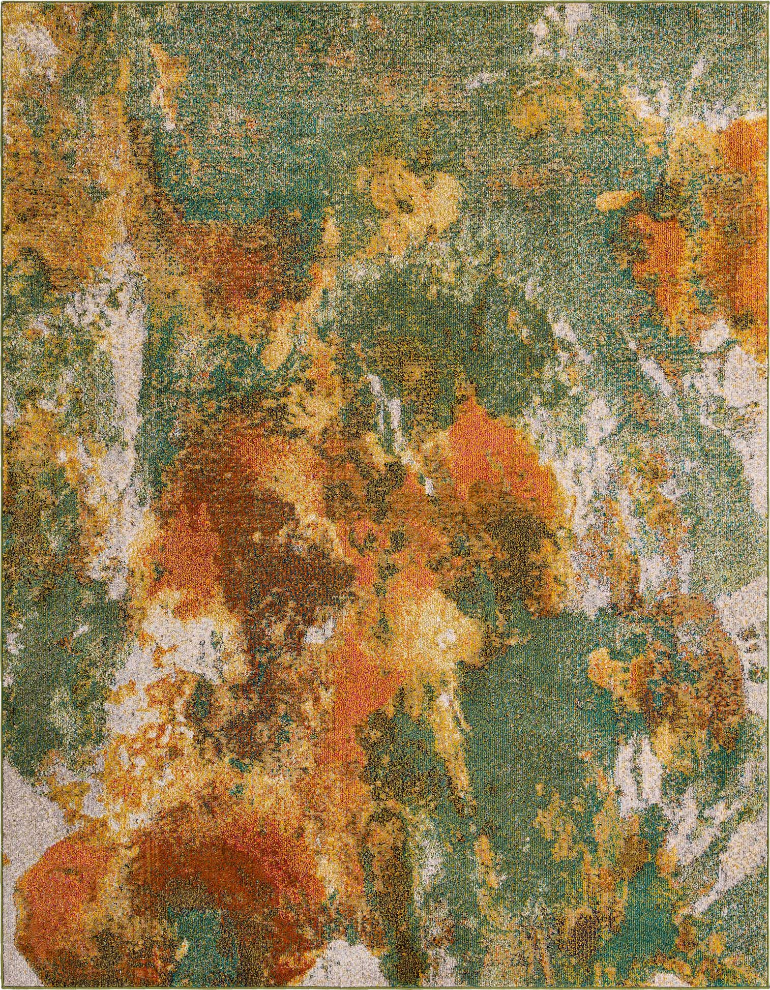 A rectangular 8x10 Haerfest rug featuring a modern abstract pattern in varying shades of green, rust, gold, and cream.