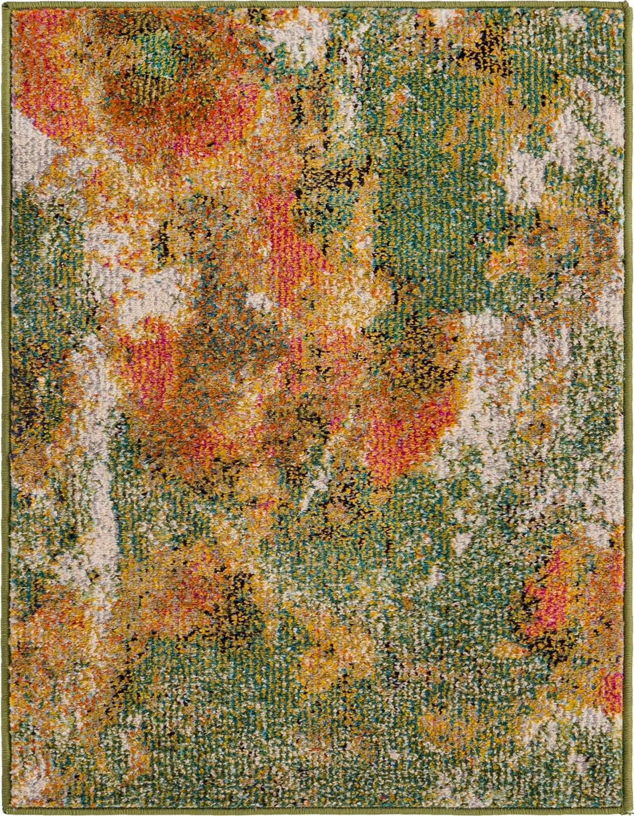 A 2x3 rectangular Rugs.com Haerfest rug featuring a vibrant abstract pattern in greens, pinks, yellows, and white, with a medium pile.