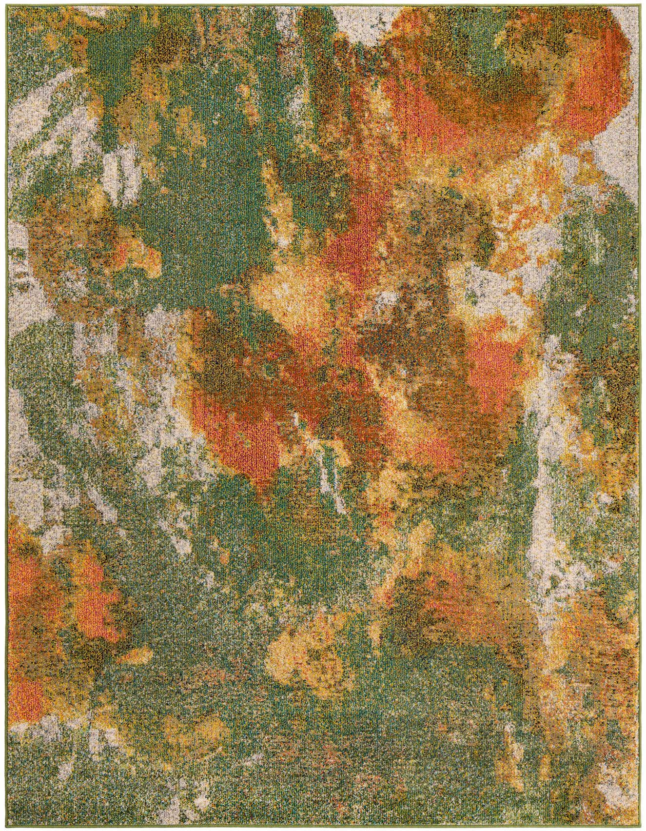 A 6x9 rectangular modern abstract rug featuring a vibrant blend of greens, oranges, and yellows, with hints of cream.