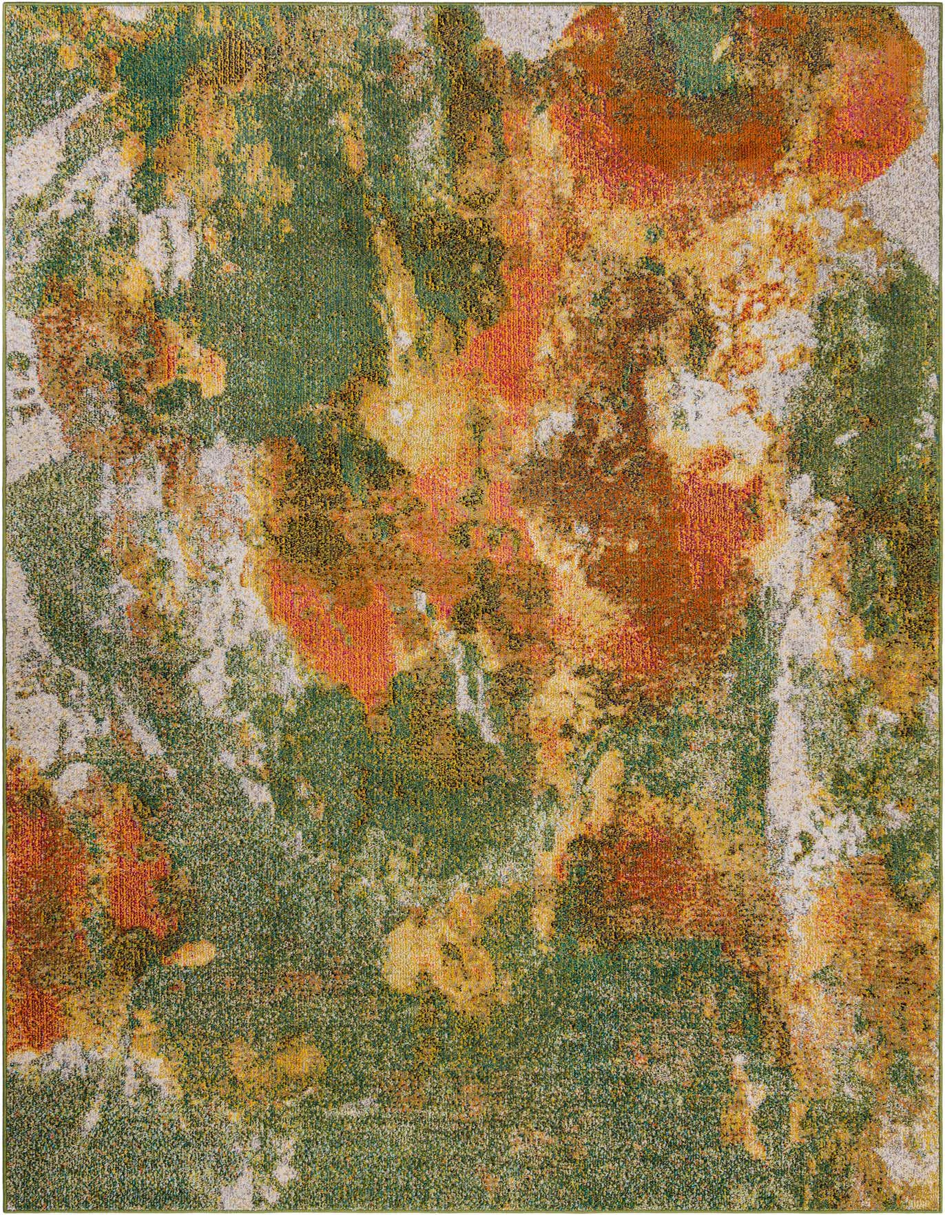 A 7x10 rectangular modern abstract rug featuring a vibrant blend of greens, oranges, and yellows, with hints of white.