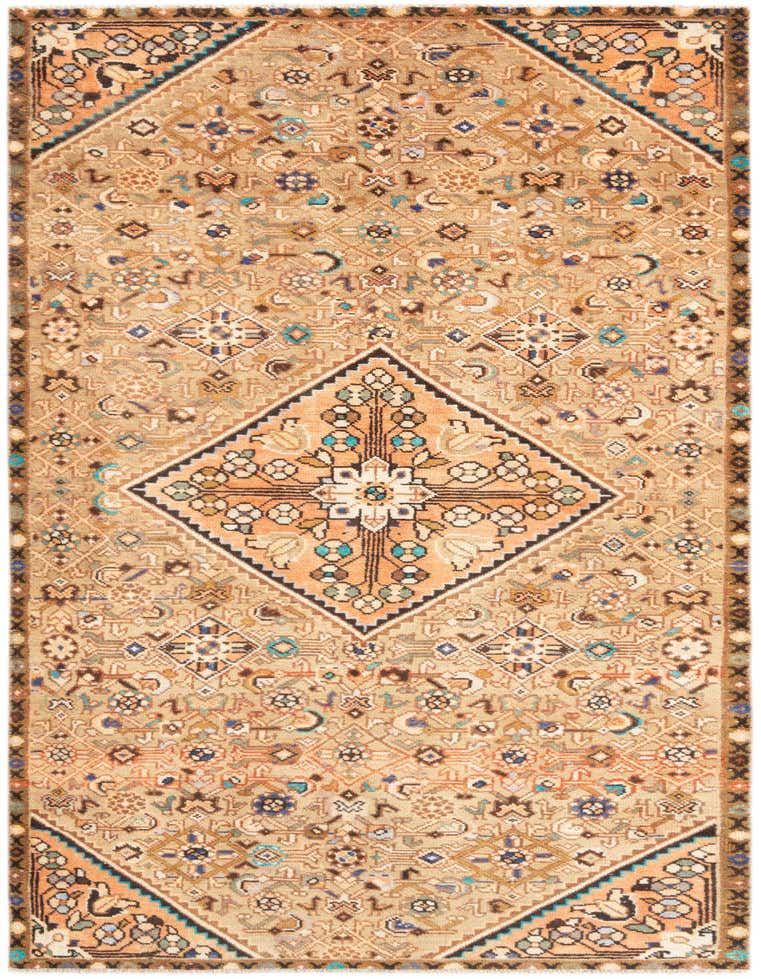 A 3x5 rectangular Hamedan wool rug with a tribal, traditional pattern in shades of green, brown, and orange, ideal for an entryway.