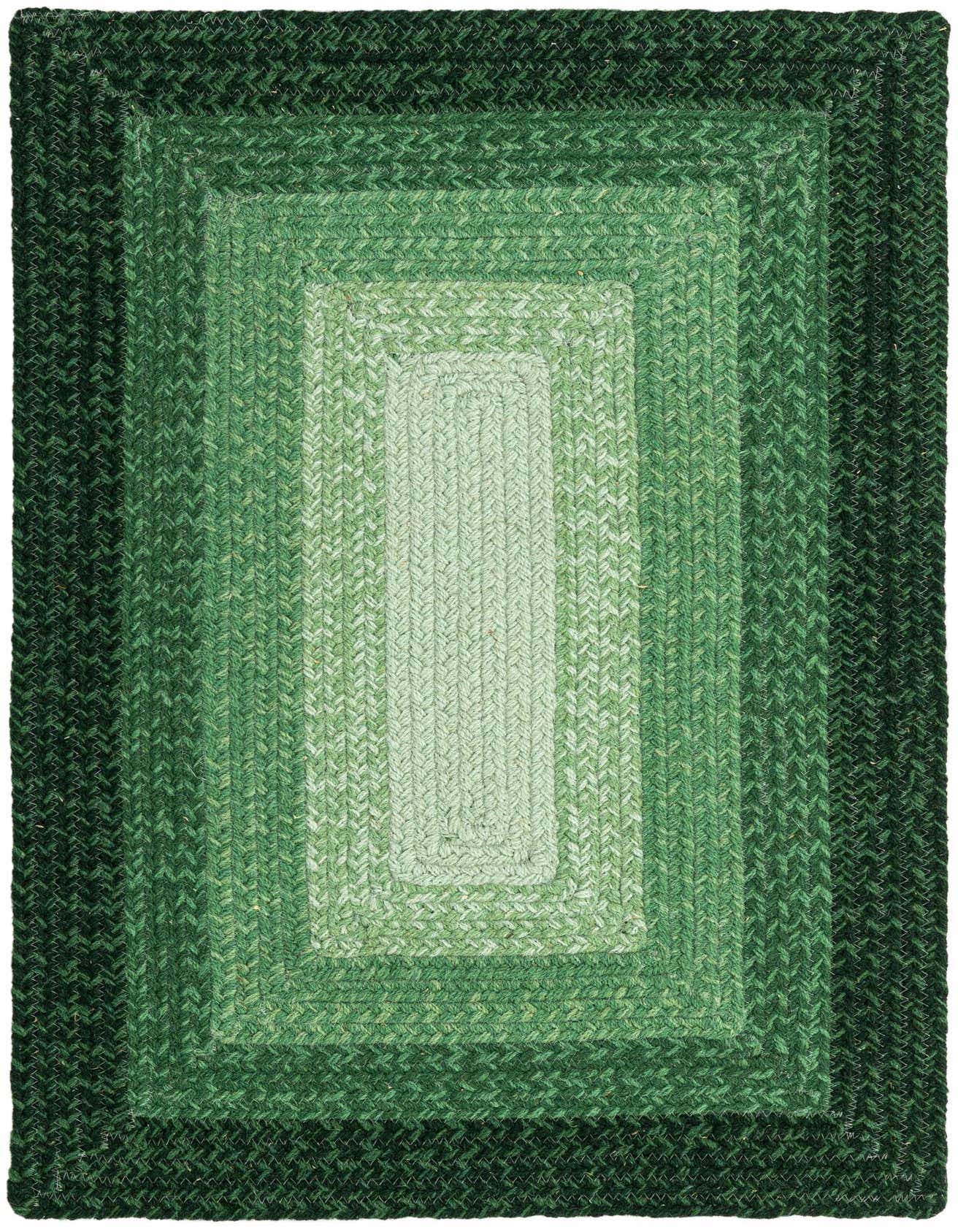 A 2x3 rectangular Hand Braided Wool rug in varying shades of green, from dark forest green to light sage, arranged in concentric rectangles.