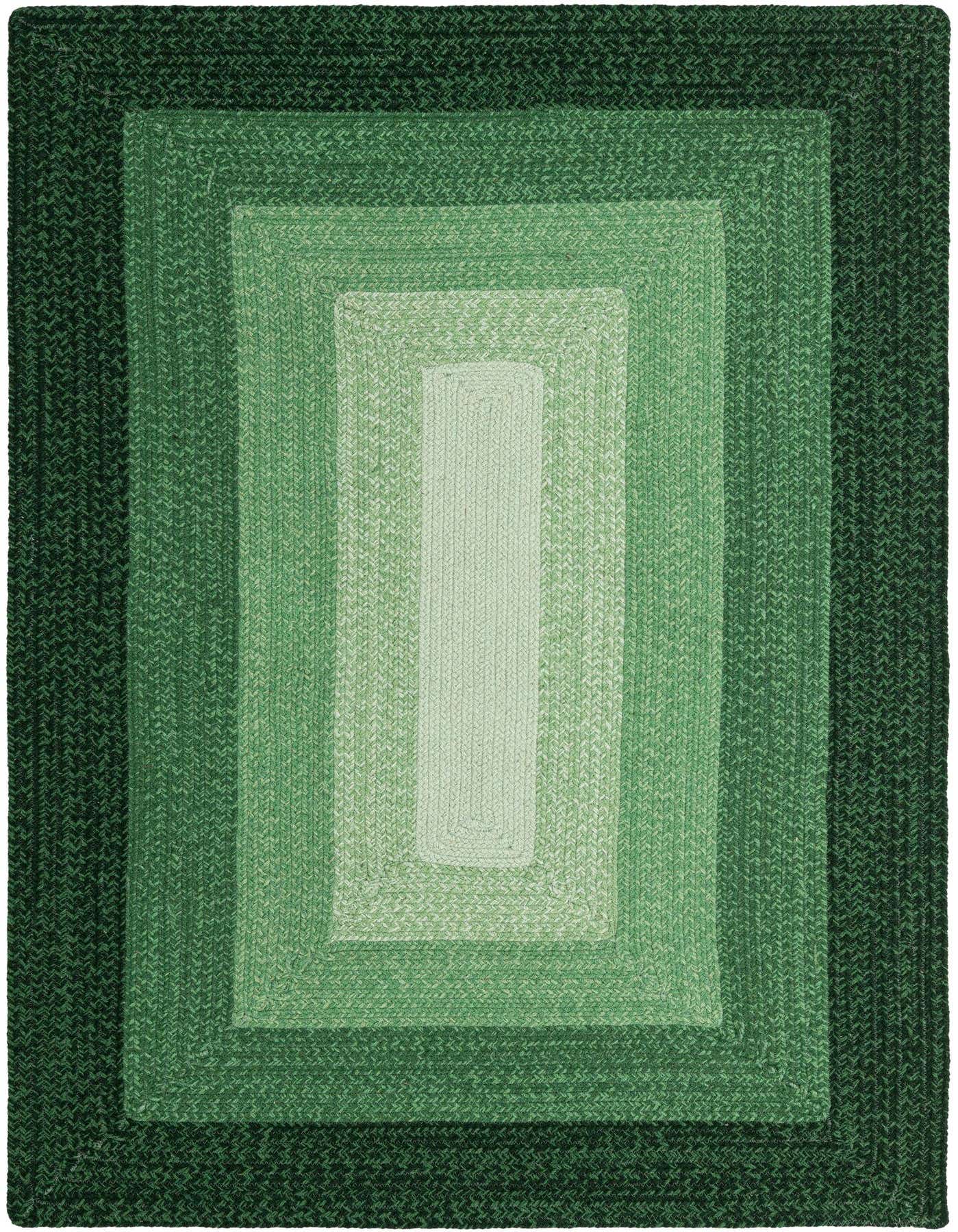 A 4x6 rectangular Hand Braided Wool rug from Rugs.com featuring an ombre pattern of greens, transitioning from dark green to light green.