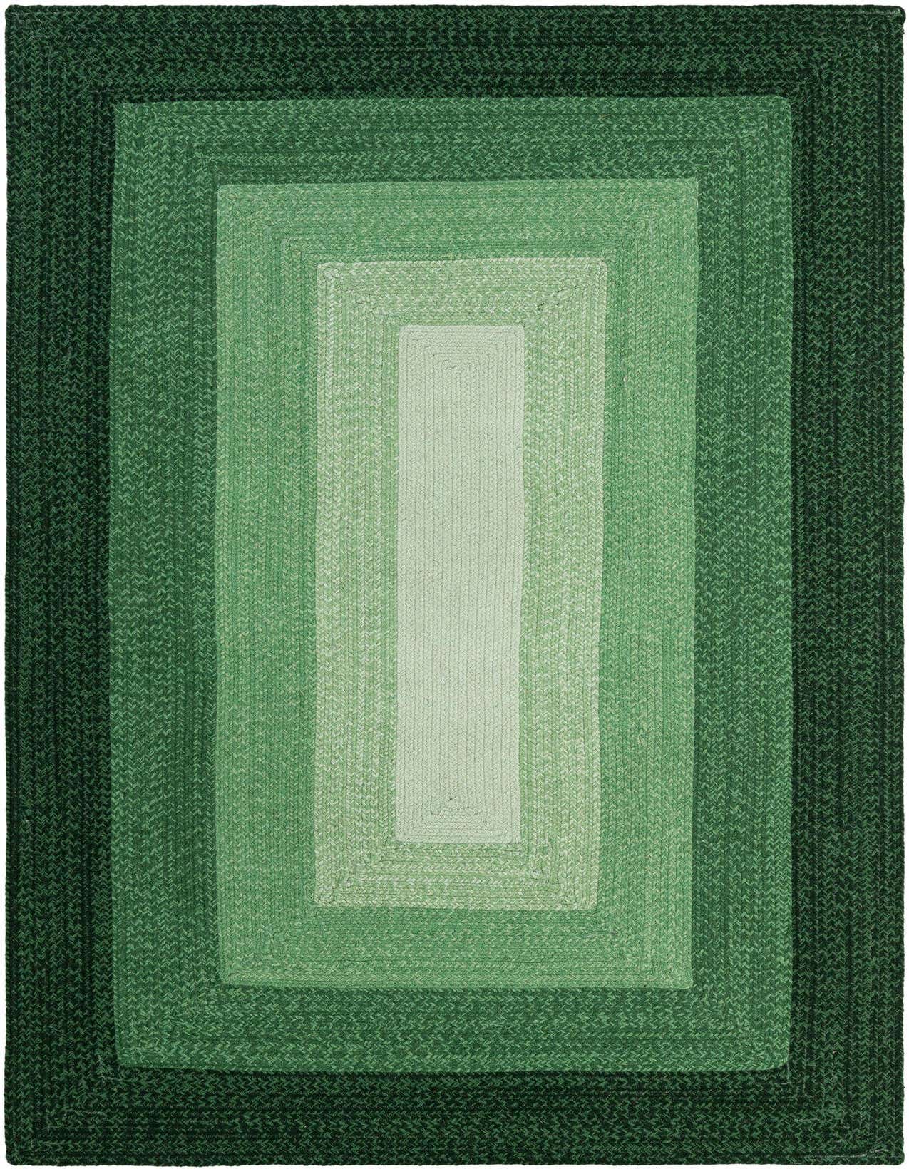A 5x8 rectangular Hand Braided Wool rug in varying shades of green, from dark forest green to light sage, forming a modern gradient border pattern.