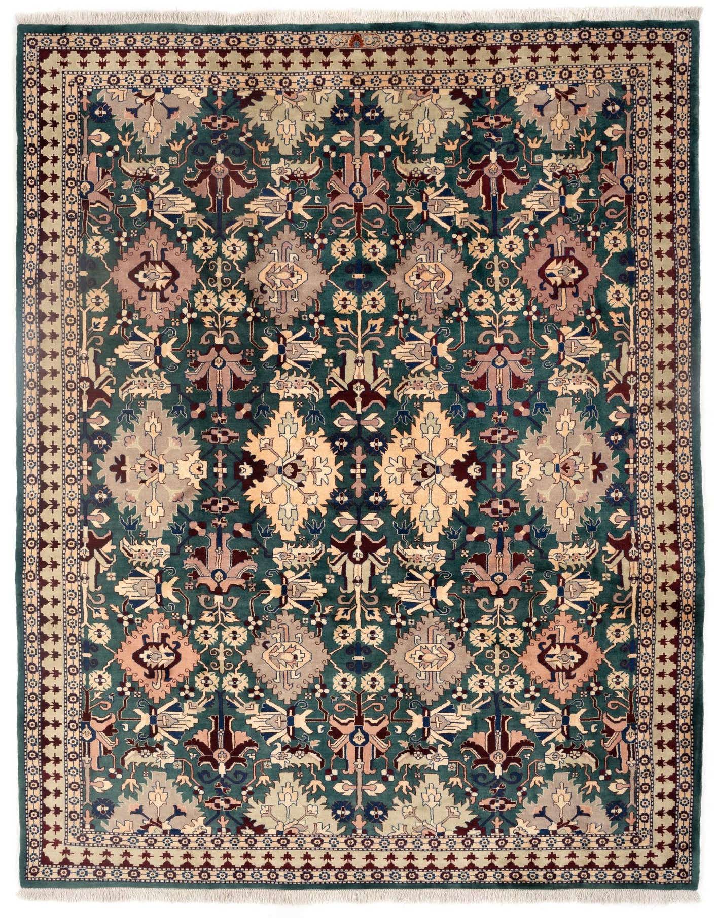 An 8x11 rectangular Indo Tabriz Persian wool rug featuring a complex traditional pattern in various shades of green, beige, and maroon.