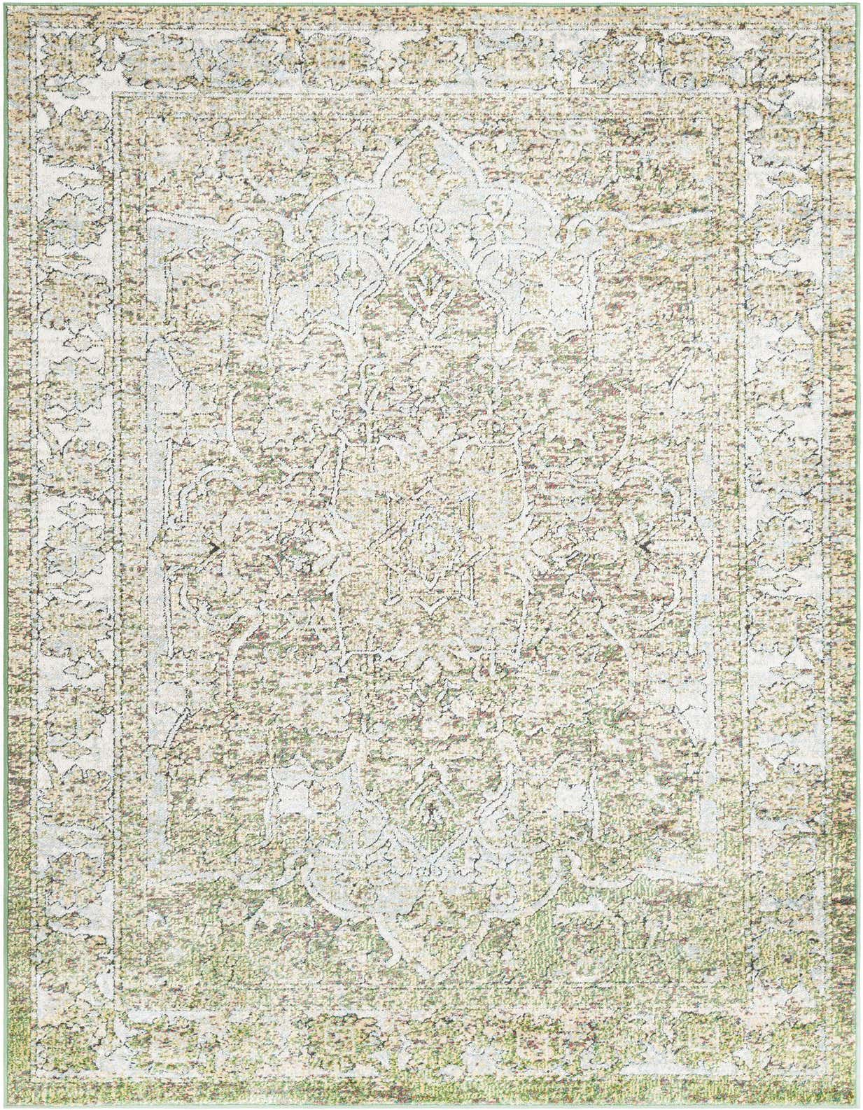 A 5x8 rectangular Isabella Collection rug featuring a faded green and cream traditional medallion pattern with a textured high-low pile.