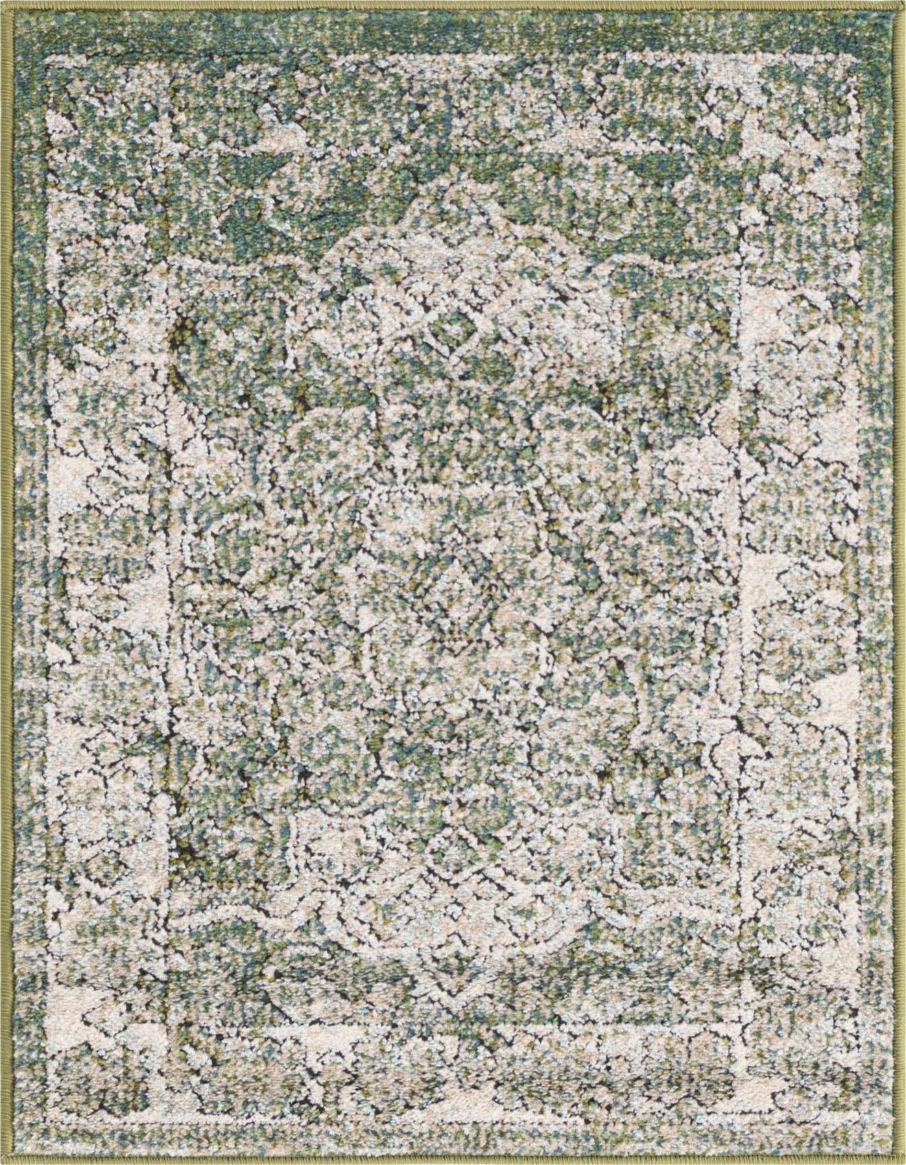 A 2x3 rectangular Rugs.com Isabella rug featuring a distressed green and cream traditional medallion pattern with a high-low pile.
