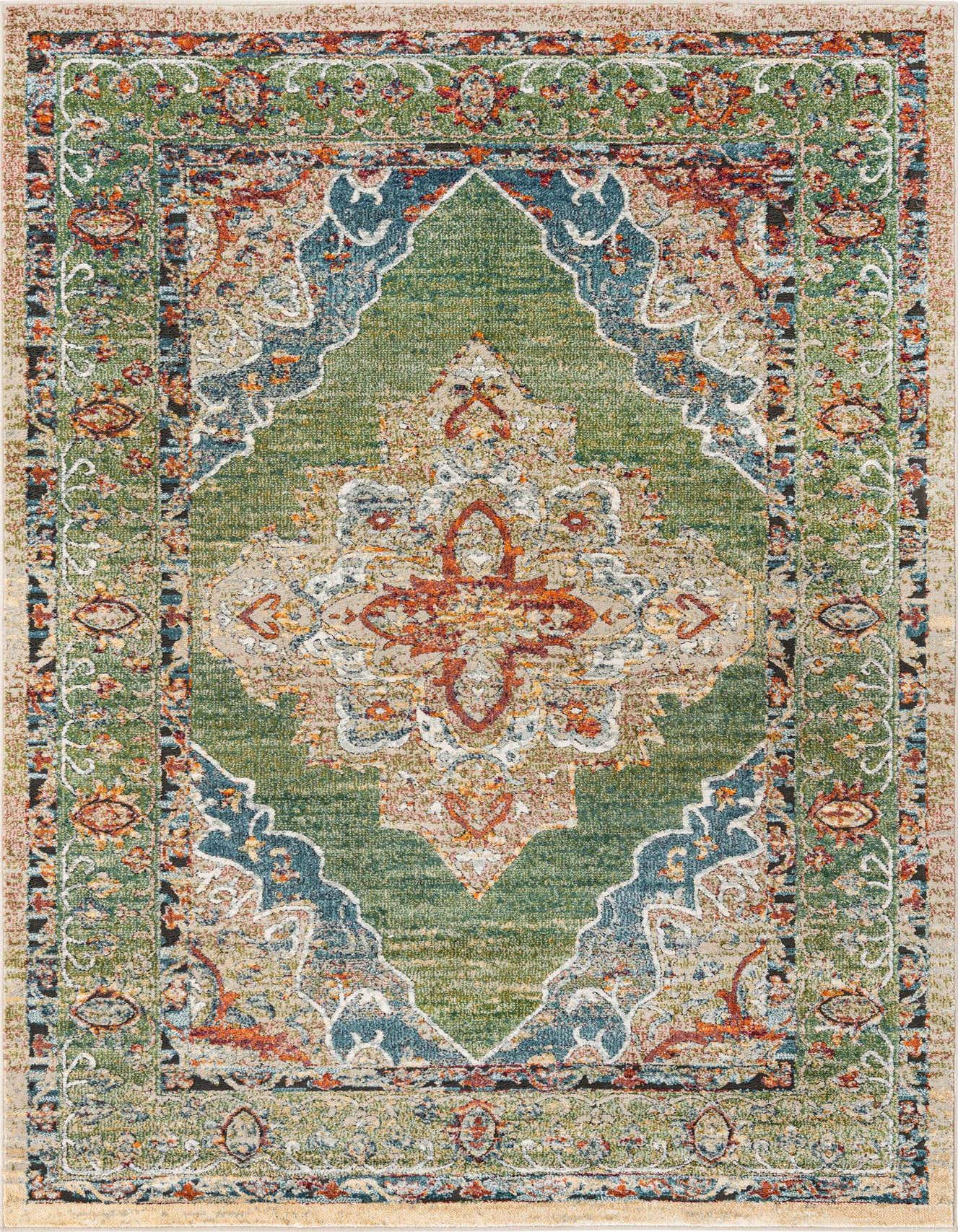 A 6x9 rectangular green area rug with a vintage traditional medallion pattern and intricate border, featuring shades of green, blue, orange, and beige.