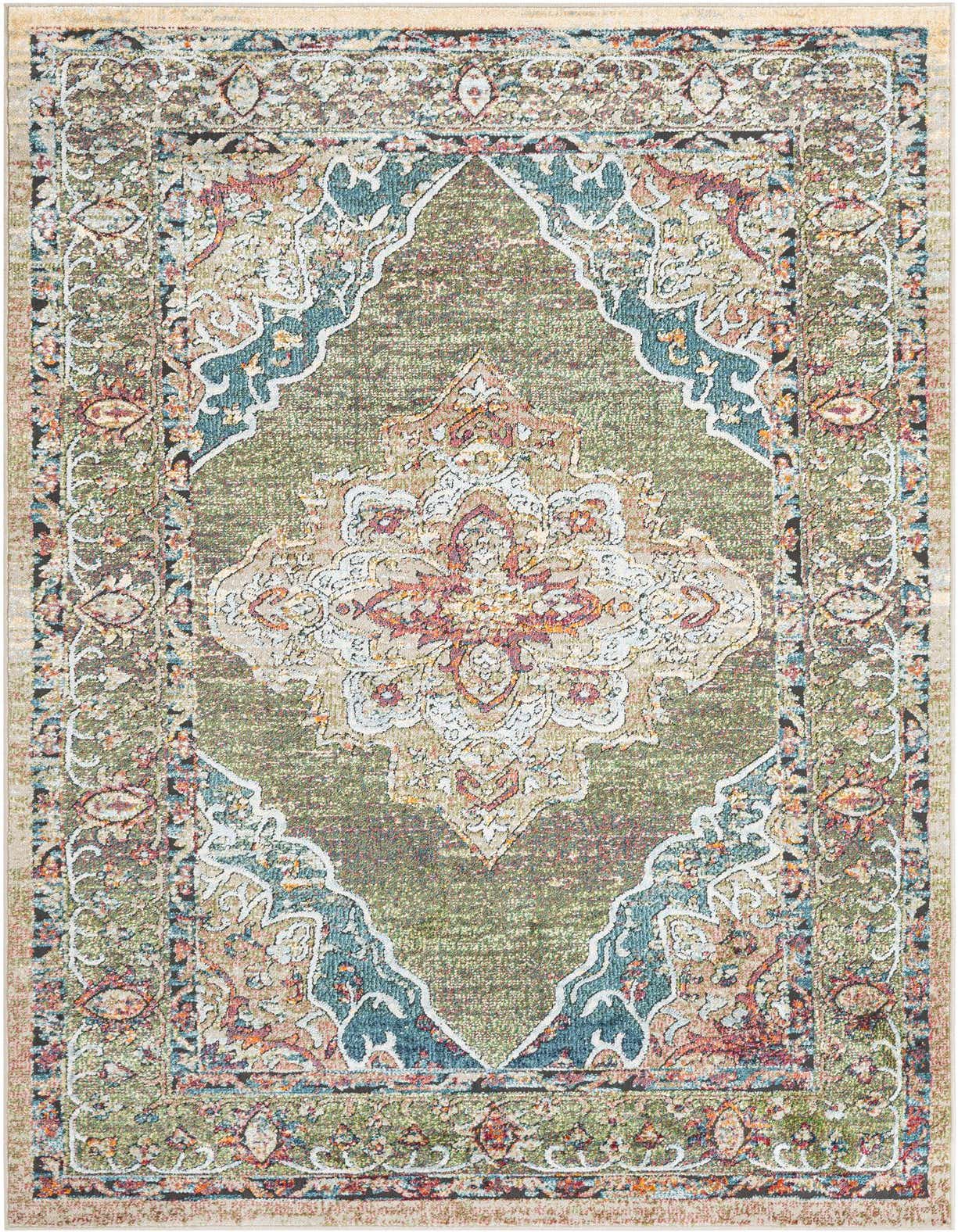 A 5x8 rectangular green area rug with a vintage traditional medallion pattern in distressed teal, rust, and cream.