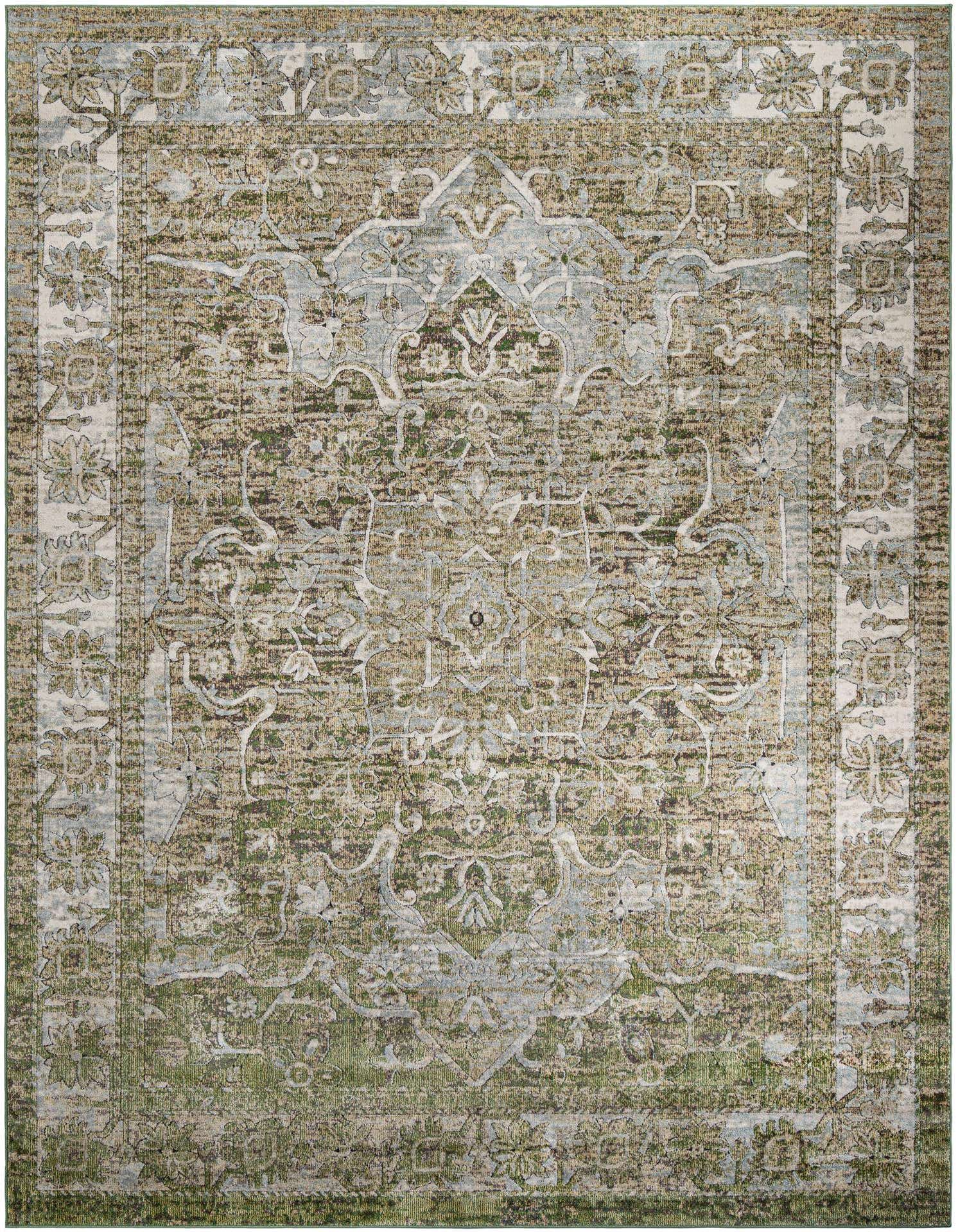 A 10x13 rectangular Isabella Collection rug featuring a distressed traditional medallion pattern in shades of green, brown, and light blue.