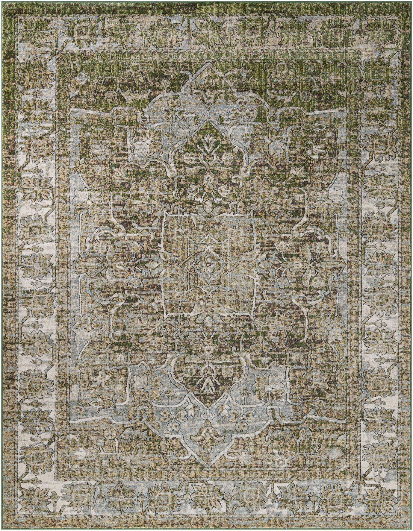 7x10 rectangular Isabella rug featuring a distressed green, grey, and cream traditional medallion pattern.