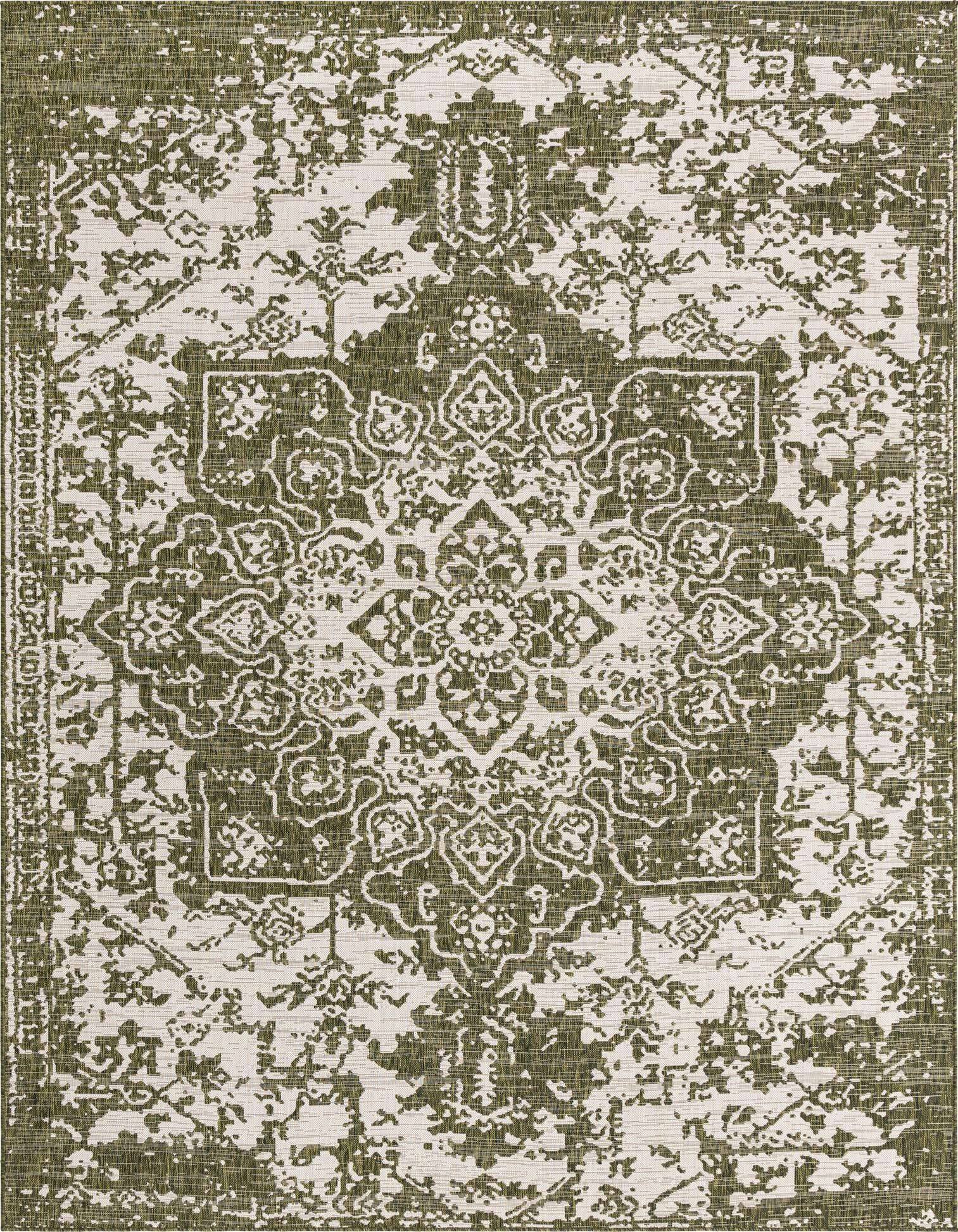 A 9x12 rectangular Jill Zarin Outdoor rug featuring a distressed green Mediterranean medallion pattern on a light background, suitable for indoor or outdoor use.