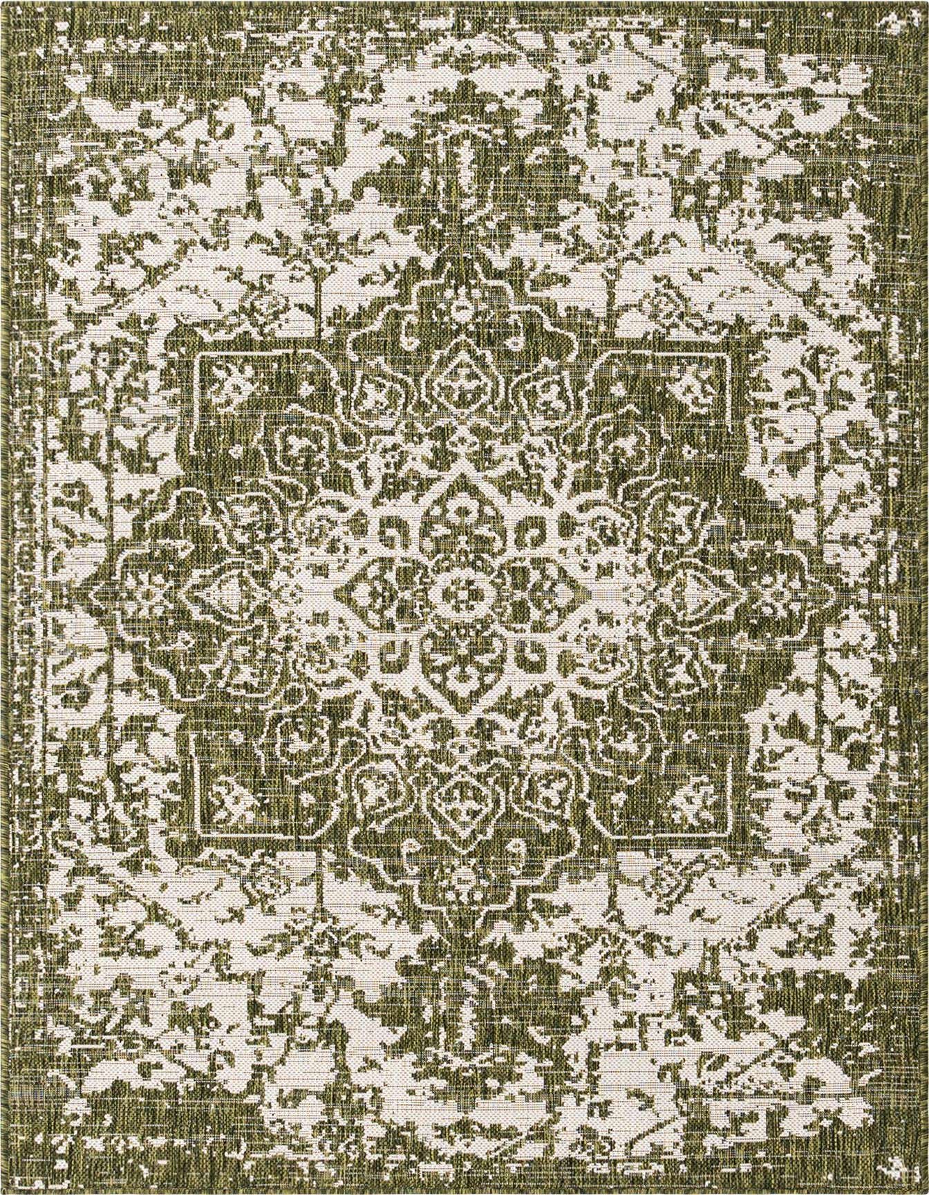 A 4x6 rectangular green and off-white Mediterranean-style indoor/outdoor rug with a distressed medallion pattern.