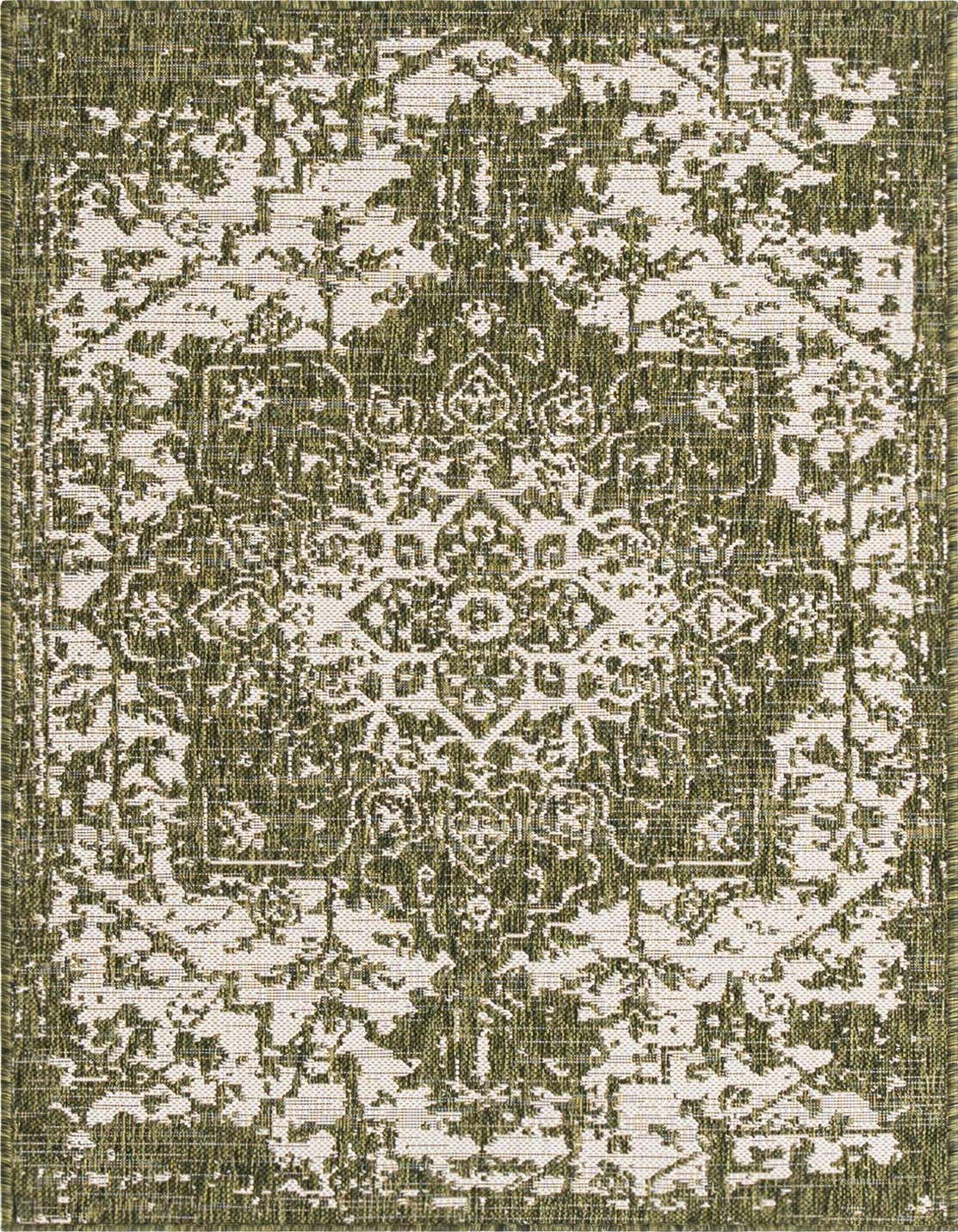 A 3x5 rectangular Jill Zarin Outdoor rug featuring a distressed green Mediterranean medallion pattern on a light background.