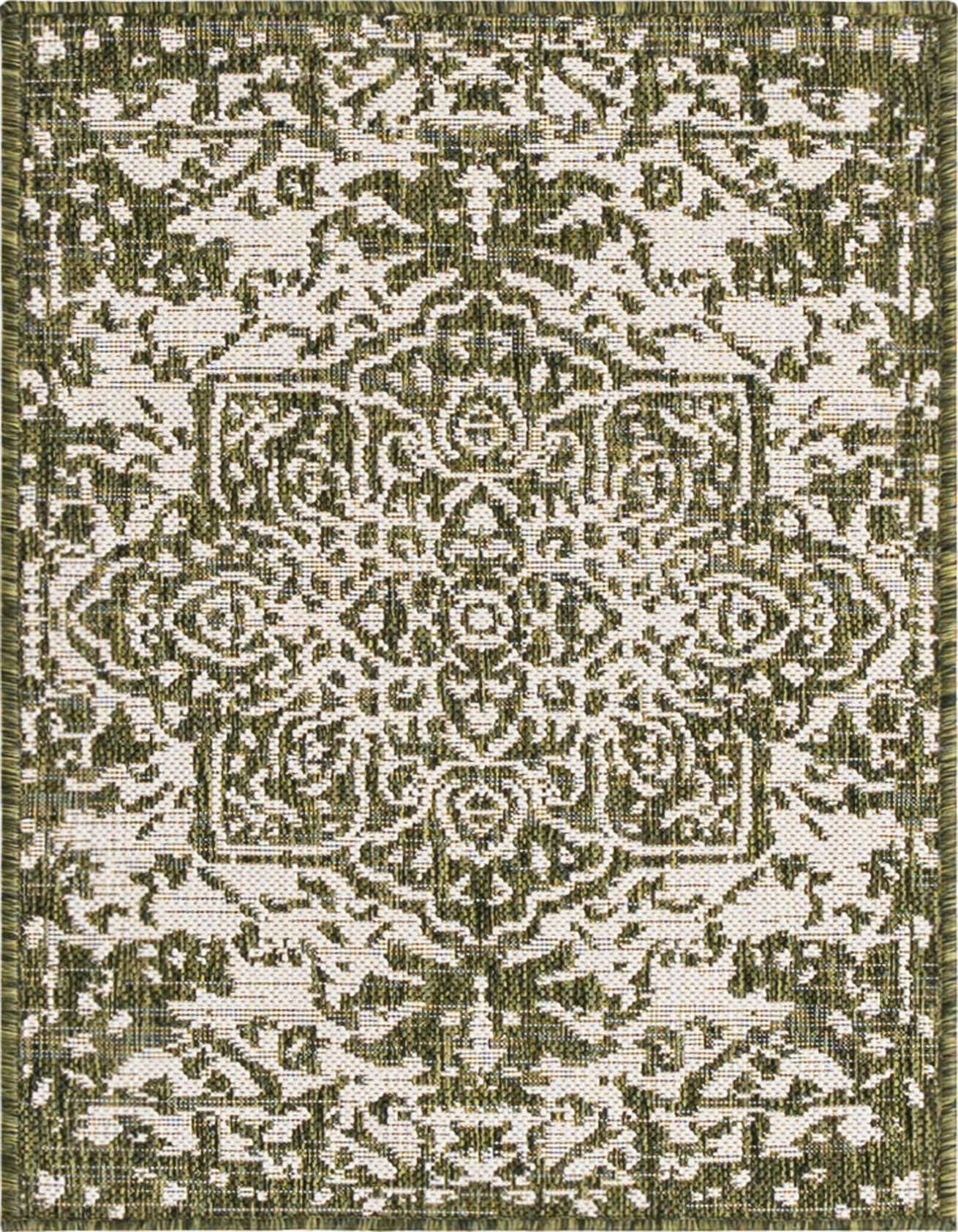 A 2x3 rectangular Jill Zarin Outdoor rug featuring a green and white Mediterranean medallion pattern, suitable for patios.