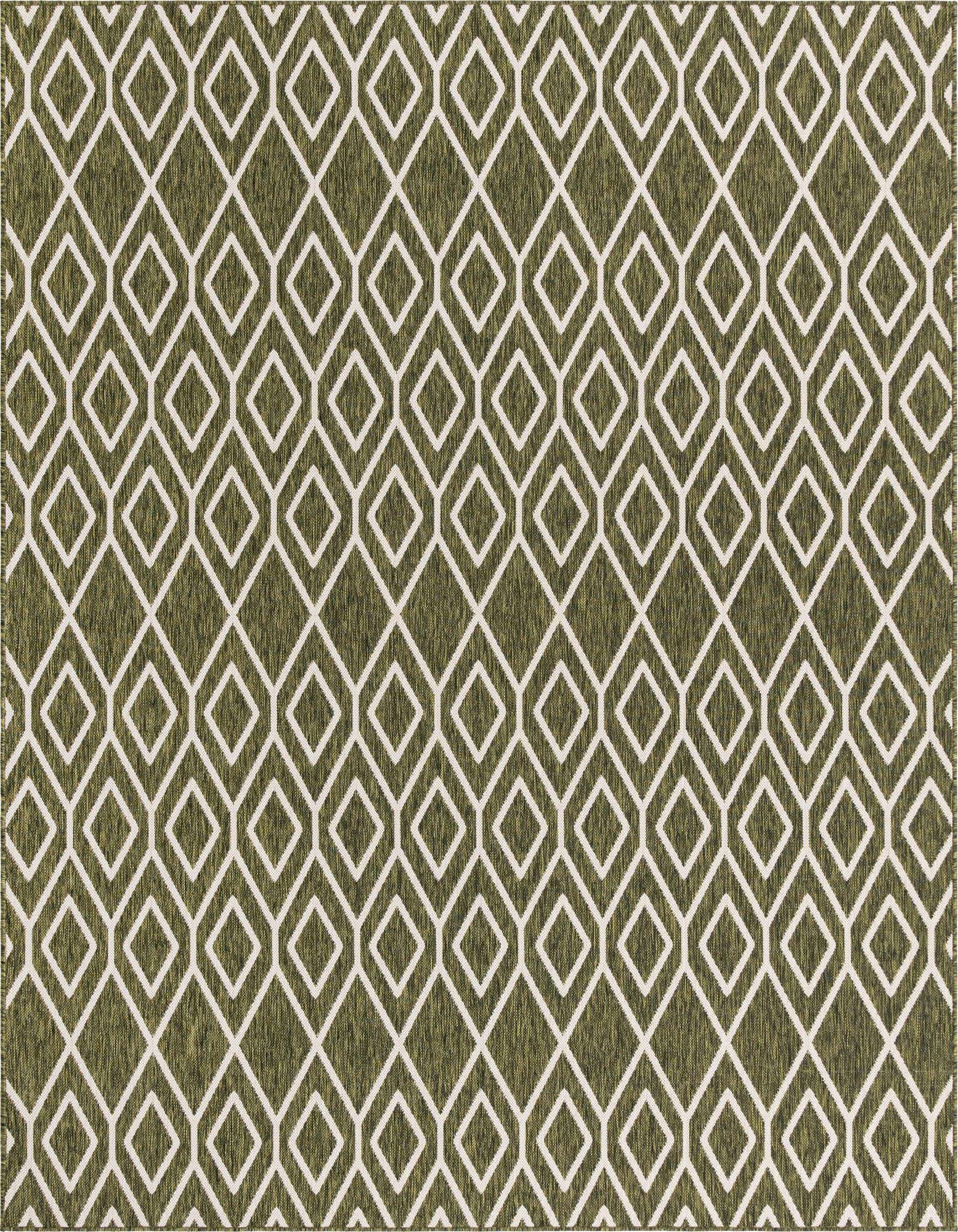 An 8x10 rectangular indoor/outdoor rug featuring a repeating white geometric trellis pattern on a textured olive green background.