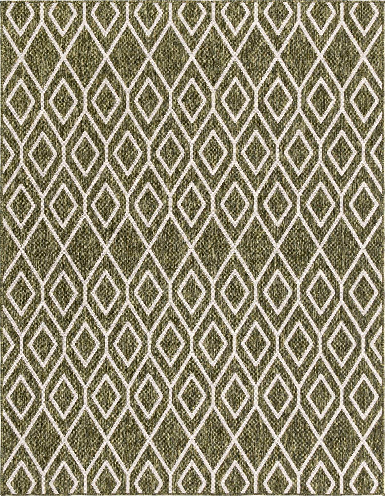 A 6x9 rectangular Rugs.com Jill Zarin Outdoor rug featuring a green background with a repeating white geometric trellis pattern.
