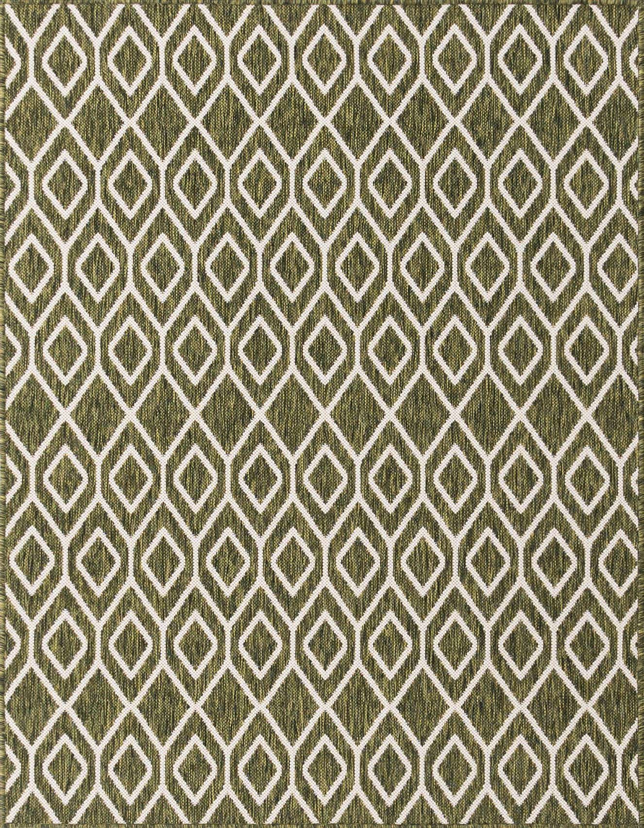 A 4x6 rectangular green indoor/outdoor rug with a modern white trellis pattern, suitable for a living room or patio.