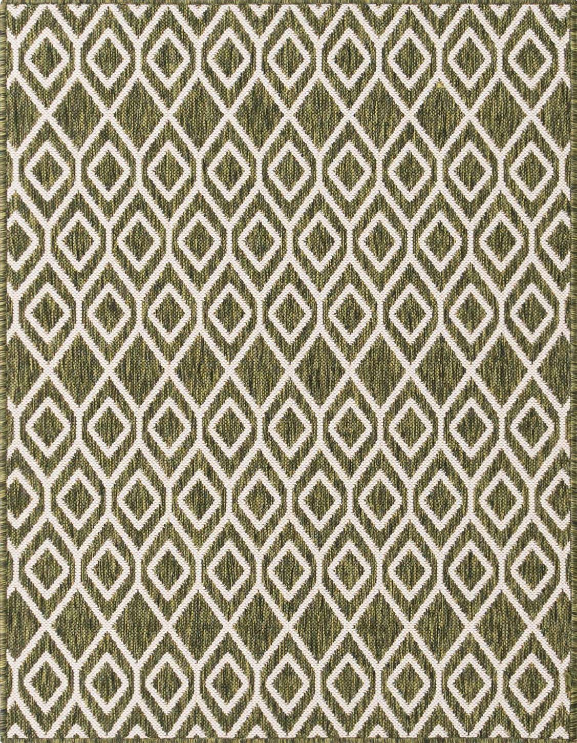 A 3x5 rectangular Jill Zarin Outdoor rug in shades of green with a white geometric trellis pattern, suitable for indoor/outdoor spaces.