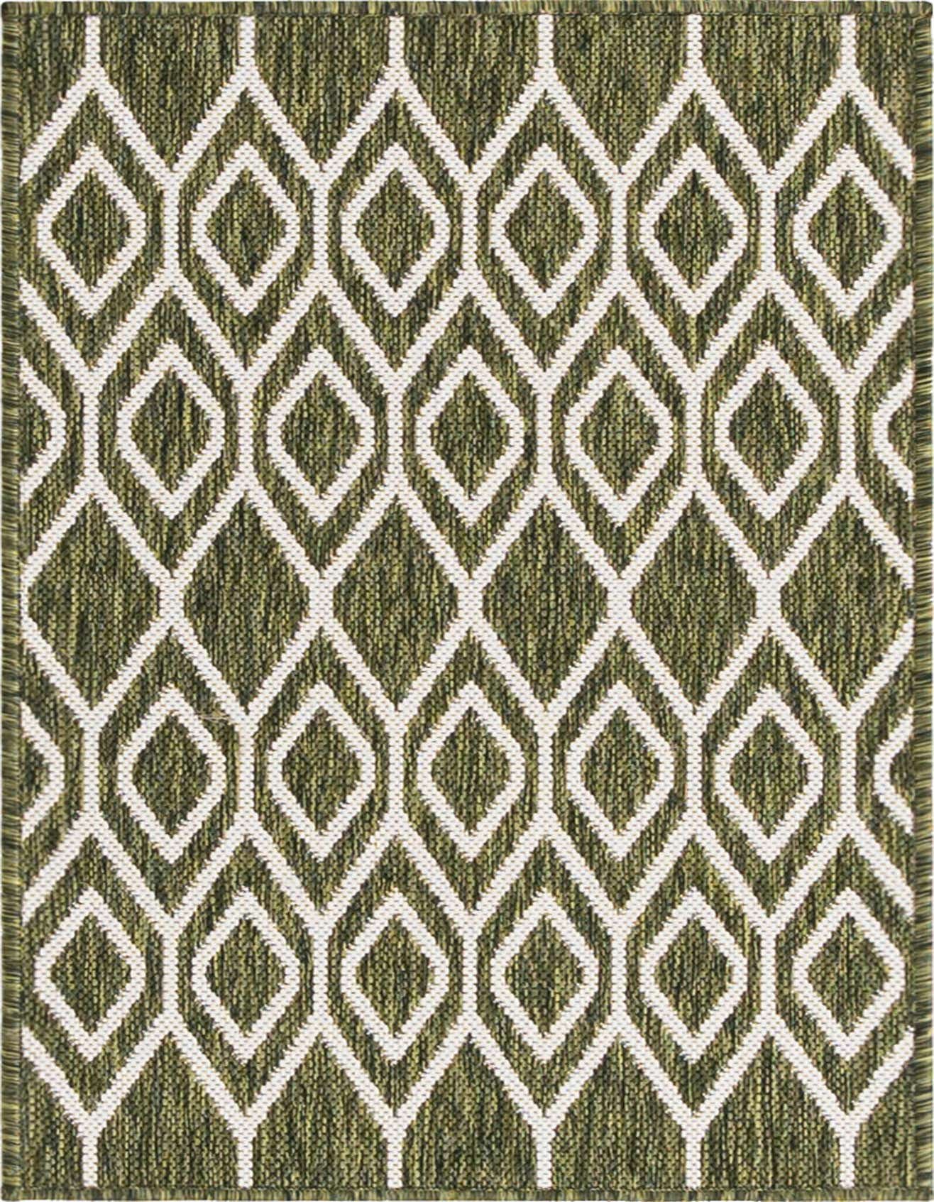 A 2x3 rectangular Jill Zarin Outdoor rug featuring a modern trellis pattern in shades of green and white.