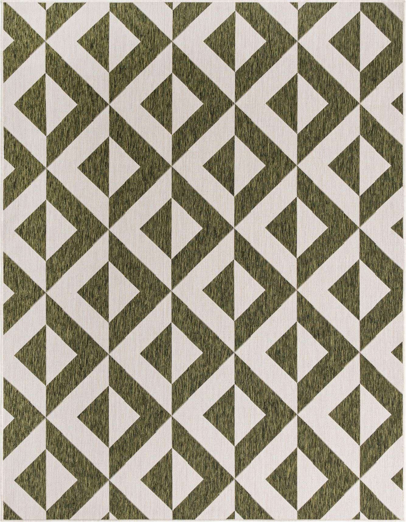 A 6x9 rectangular green and white indoor/outdoor rug with a modern geometric trellis pattern.