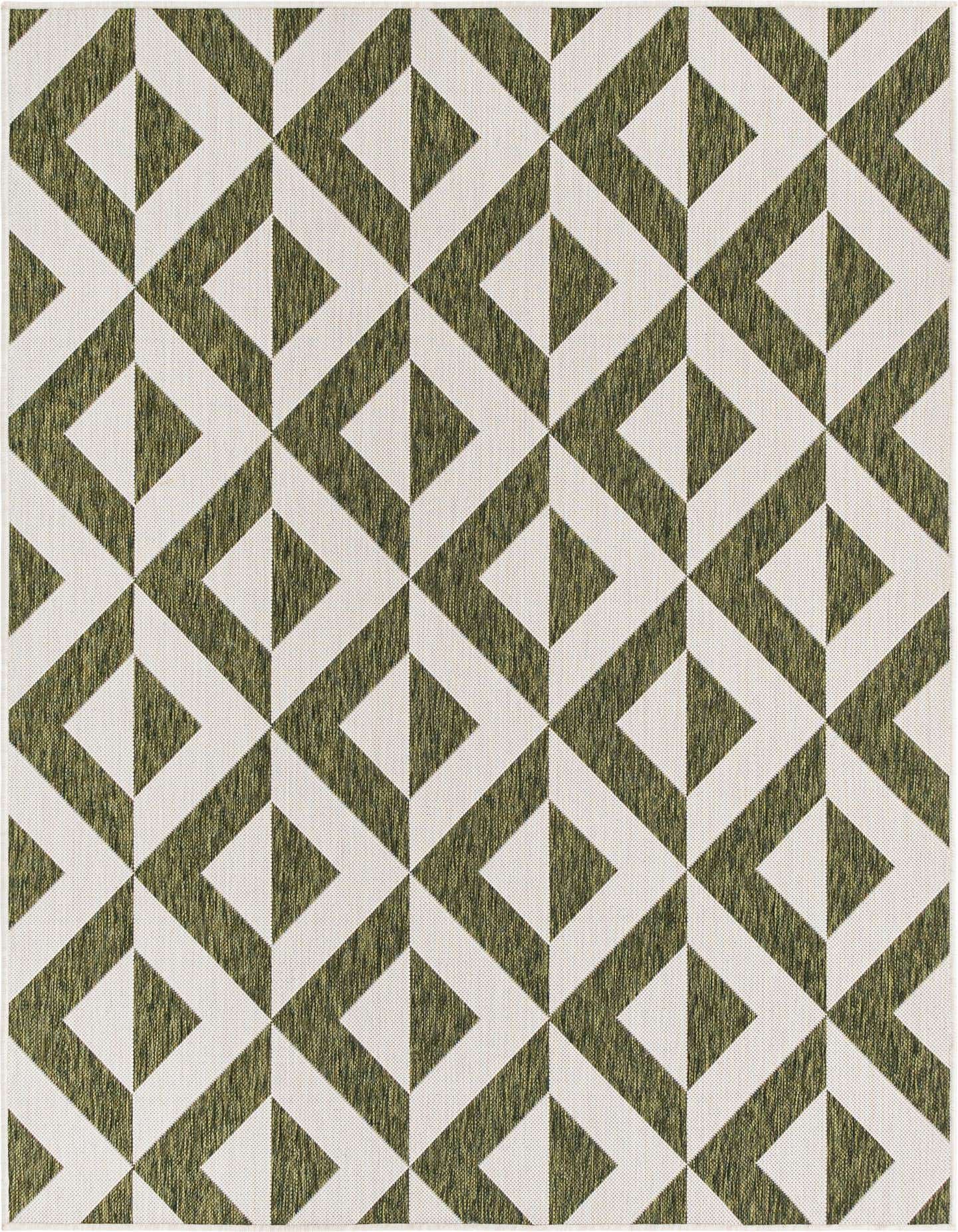 A 5x8 rectangular indoor/outdoor rug with a modern geometric trellis pattern in shades of green and off-white.