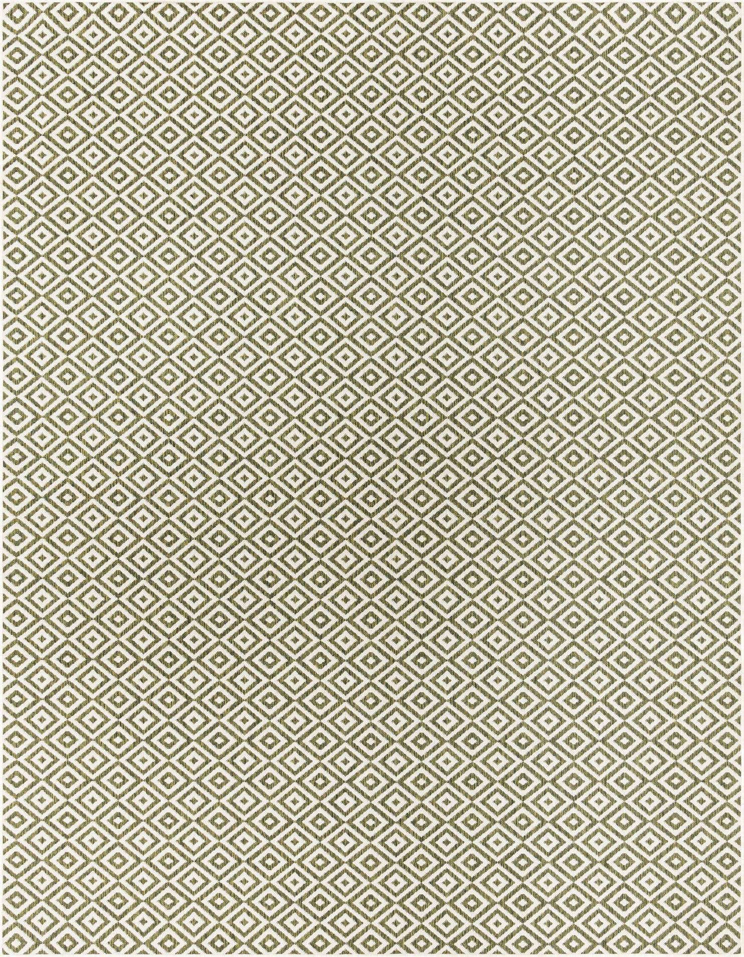 A 9x12 rectangular Jill Zarin Outdoor rug featuring a repeating green and white geometric trellis pattern, suitable for indoor or outdoor spaces.