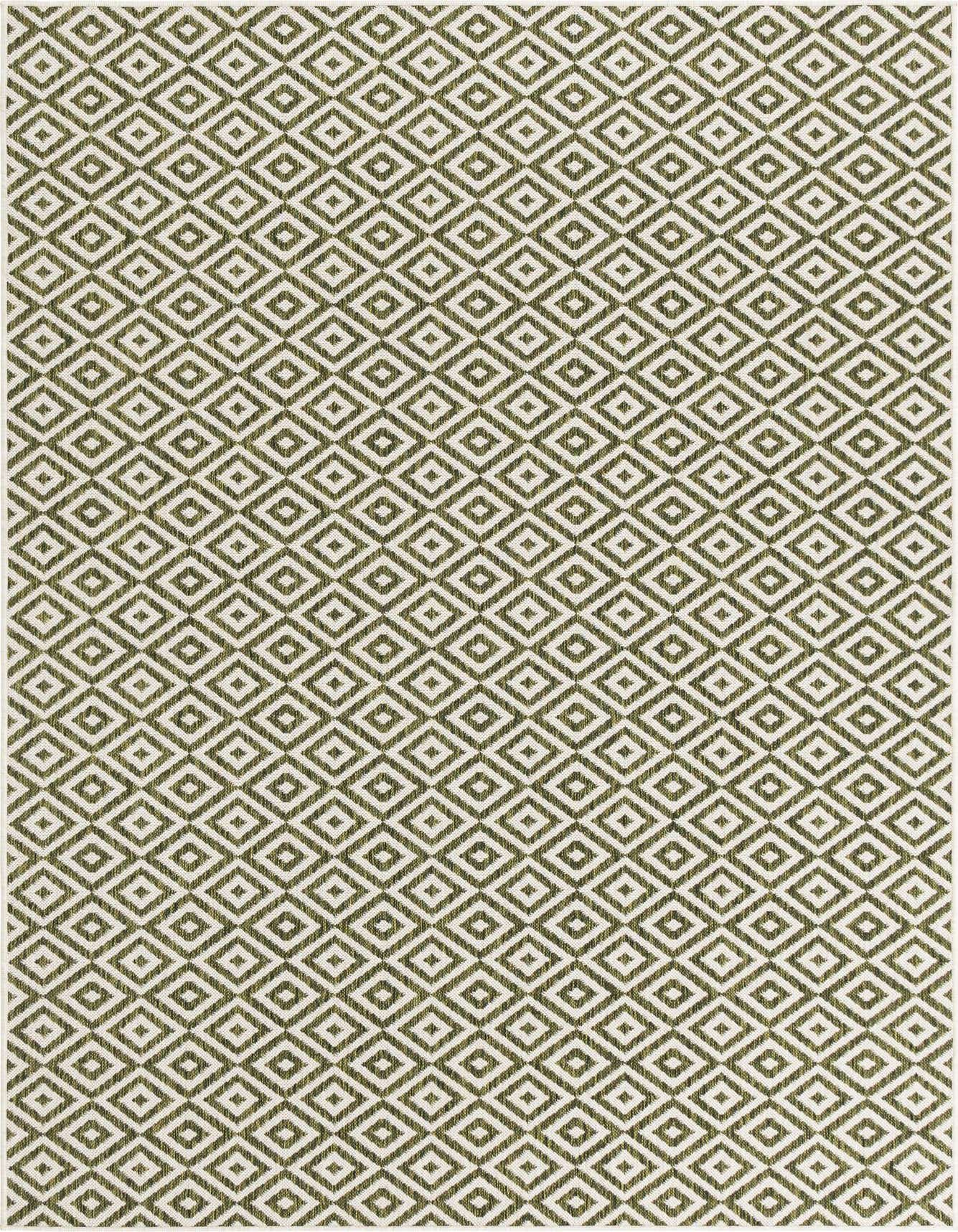 A 6x9 rectangular green and white indoor/outdoor rug featuring a repeating geometric trellis pattern, ideal for a living room or patio.