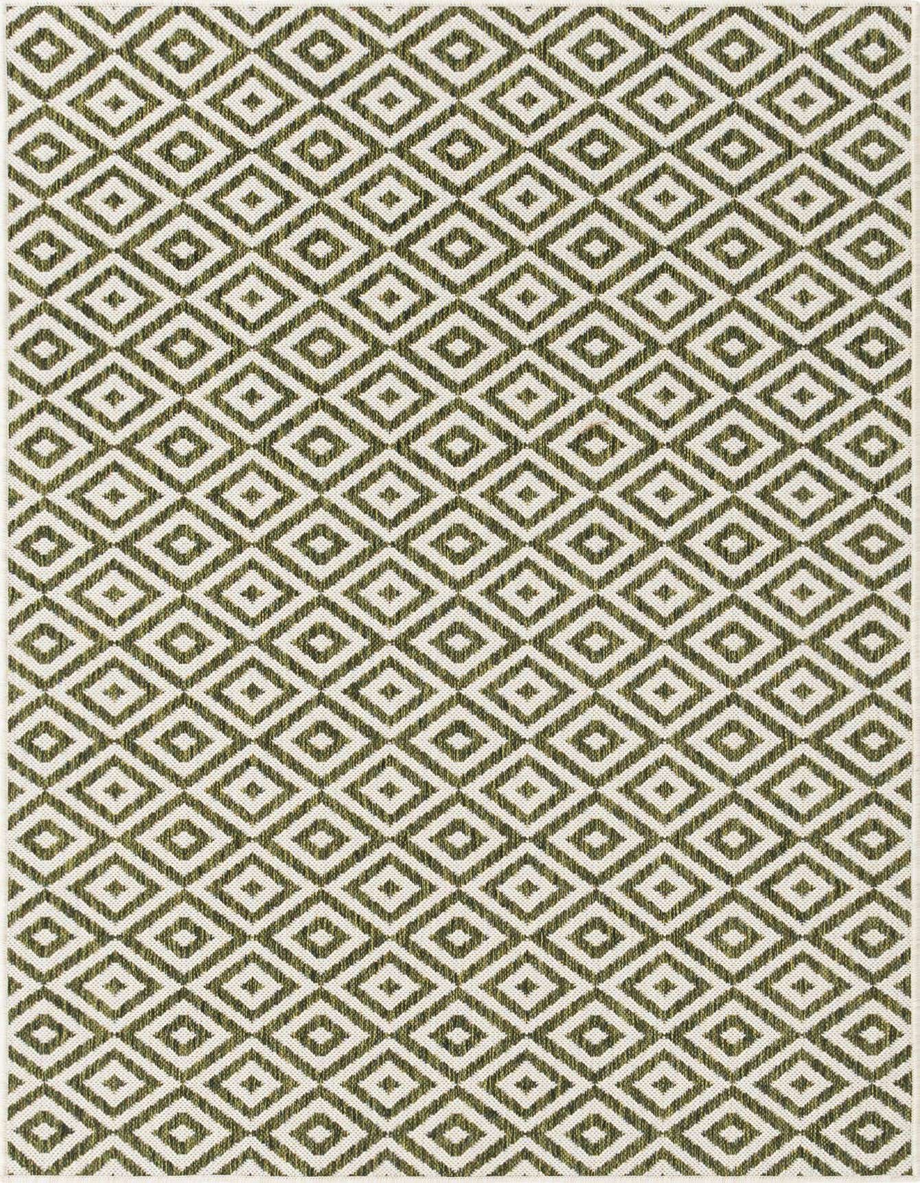 A 4x6 rectangular Jill Zarin Outdoor rug featuring a repeating green and white geometric trellis pattern, suitable for indoor or outdoor spaces.