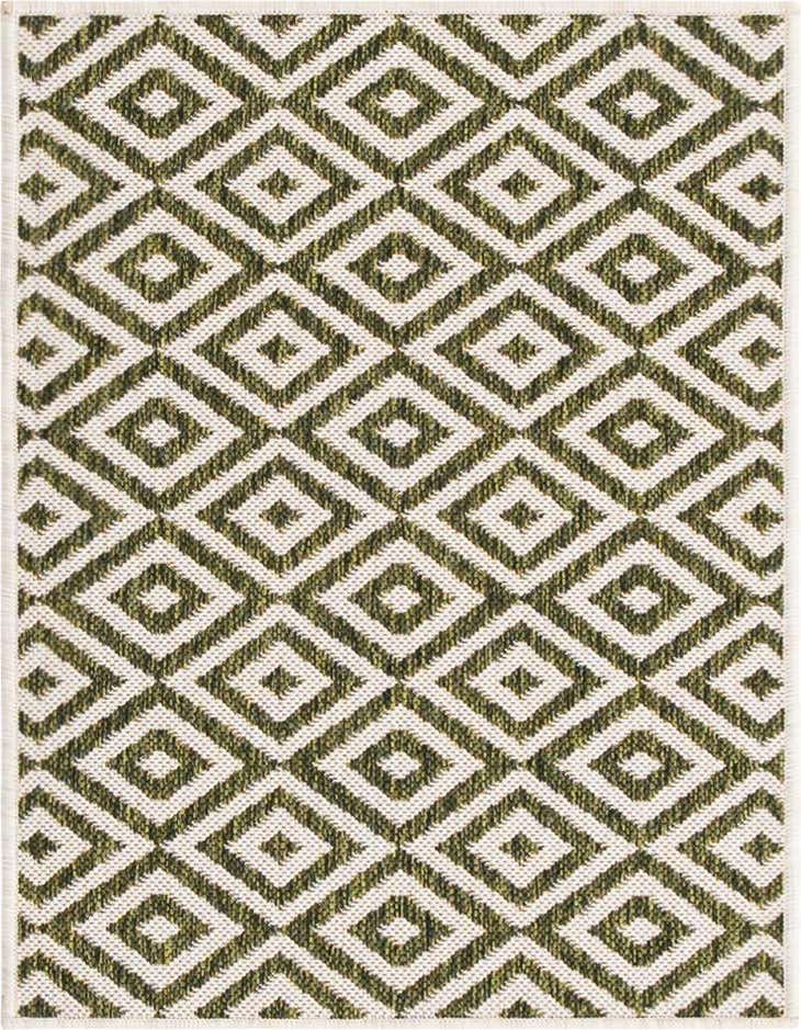A 2x3 rectangular Jill Zarin Outdoor rug featuring a modern green and white bohemian trellis pattern, suitable for patios.
