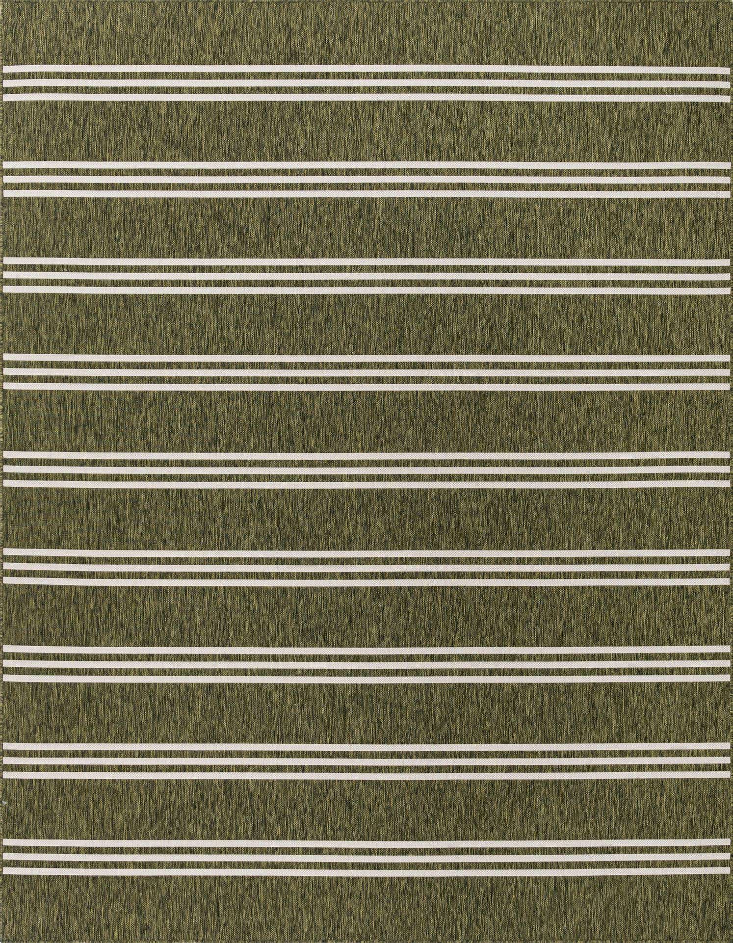 A 9x12 rectangular green outdoor rug with horizontal white stripes, suitable for a patio or living room.