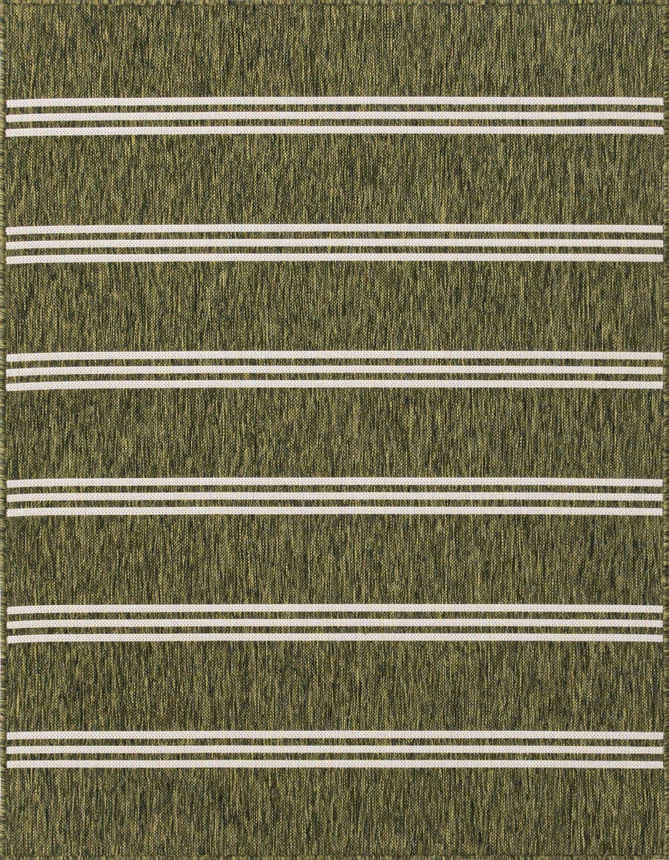A 4x6 rectangular green indoor/outdoor rug with horizontal white stripes, ideal for a patio or living room.
