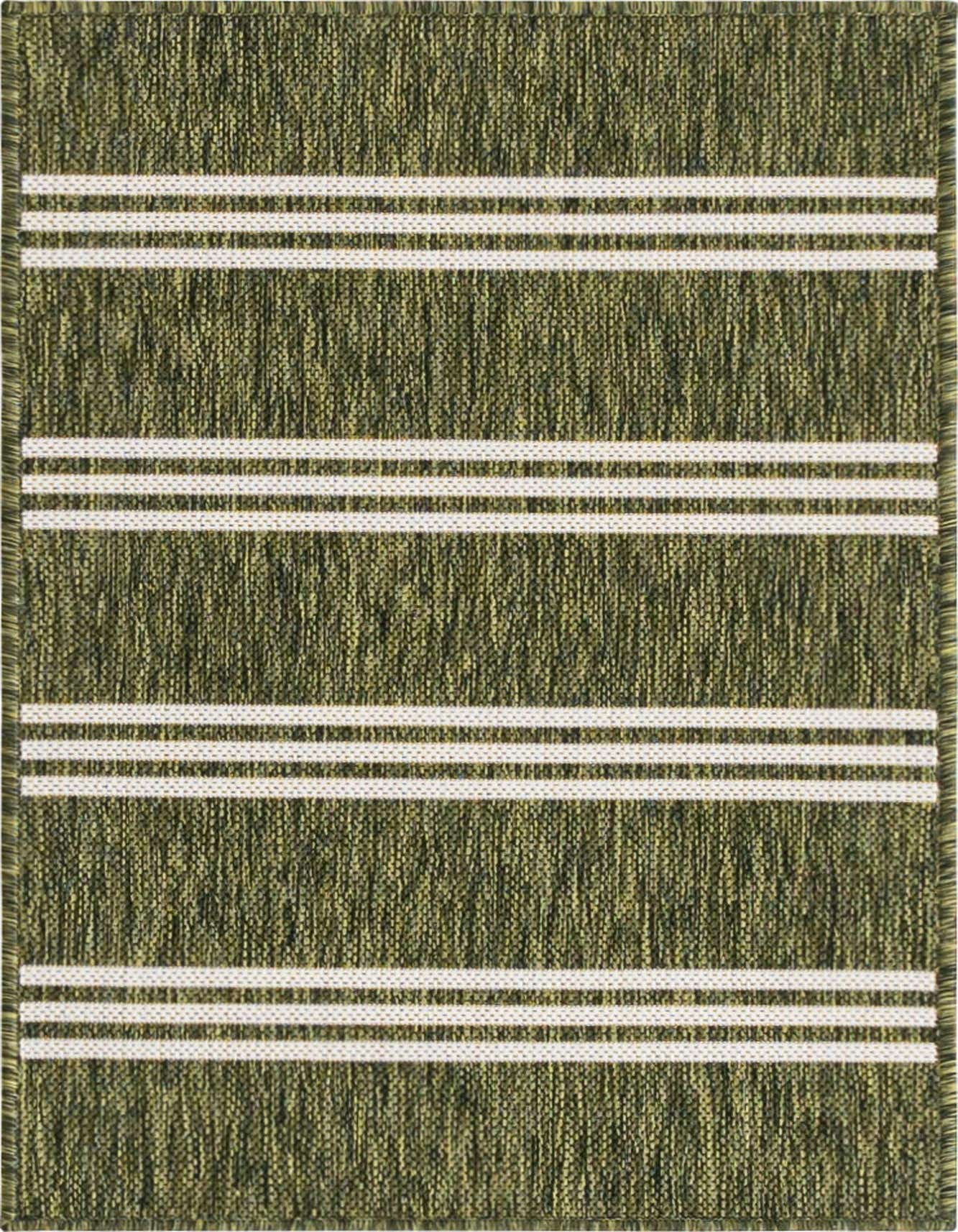 A 2x3 rectangular Jill Zarin Outdoor rug featuring a textured green background with three horizontal white stripes, suitable for a patio.