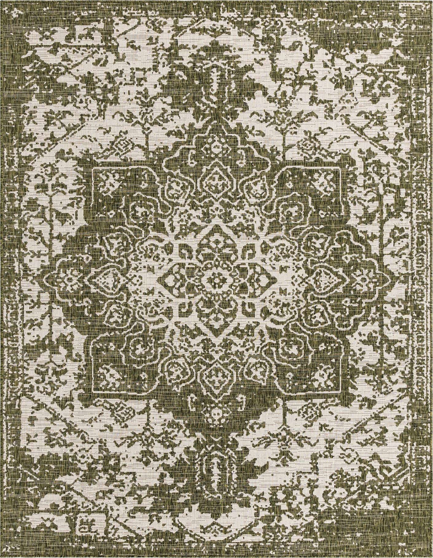 A 7x10 rectangular green and off-white Mediterranean medallion rug with a textured, flatweave pile, suitable for indoor or outdoor use.