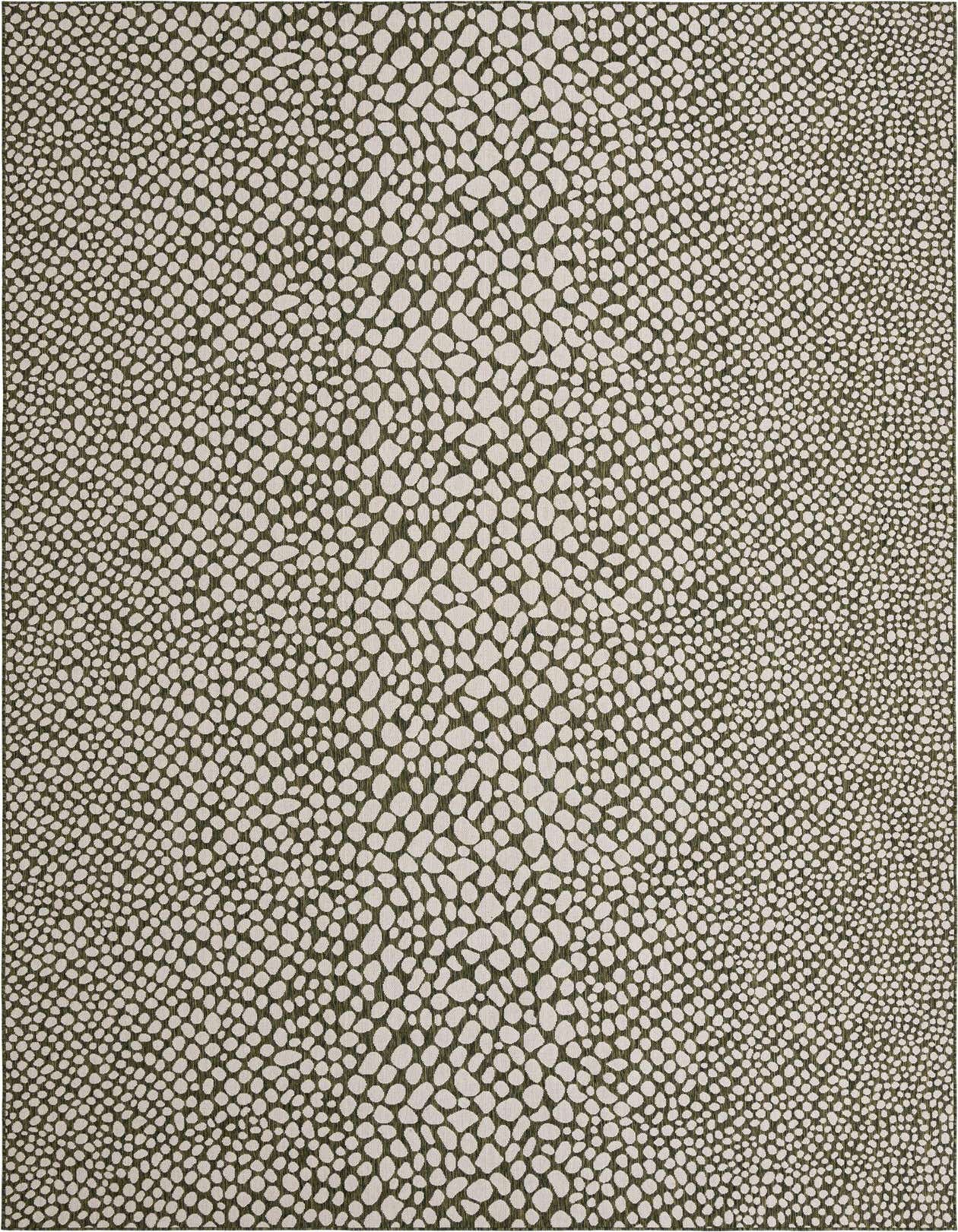 A 10x16 rectangular Jill Zarin Outdoor rug in shades of green with a modern, organic pebble-like pattern, suitable for a patio.