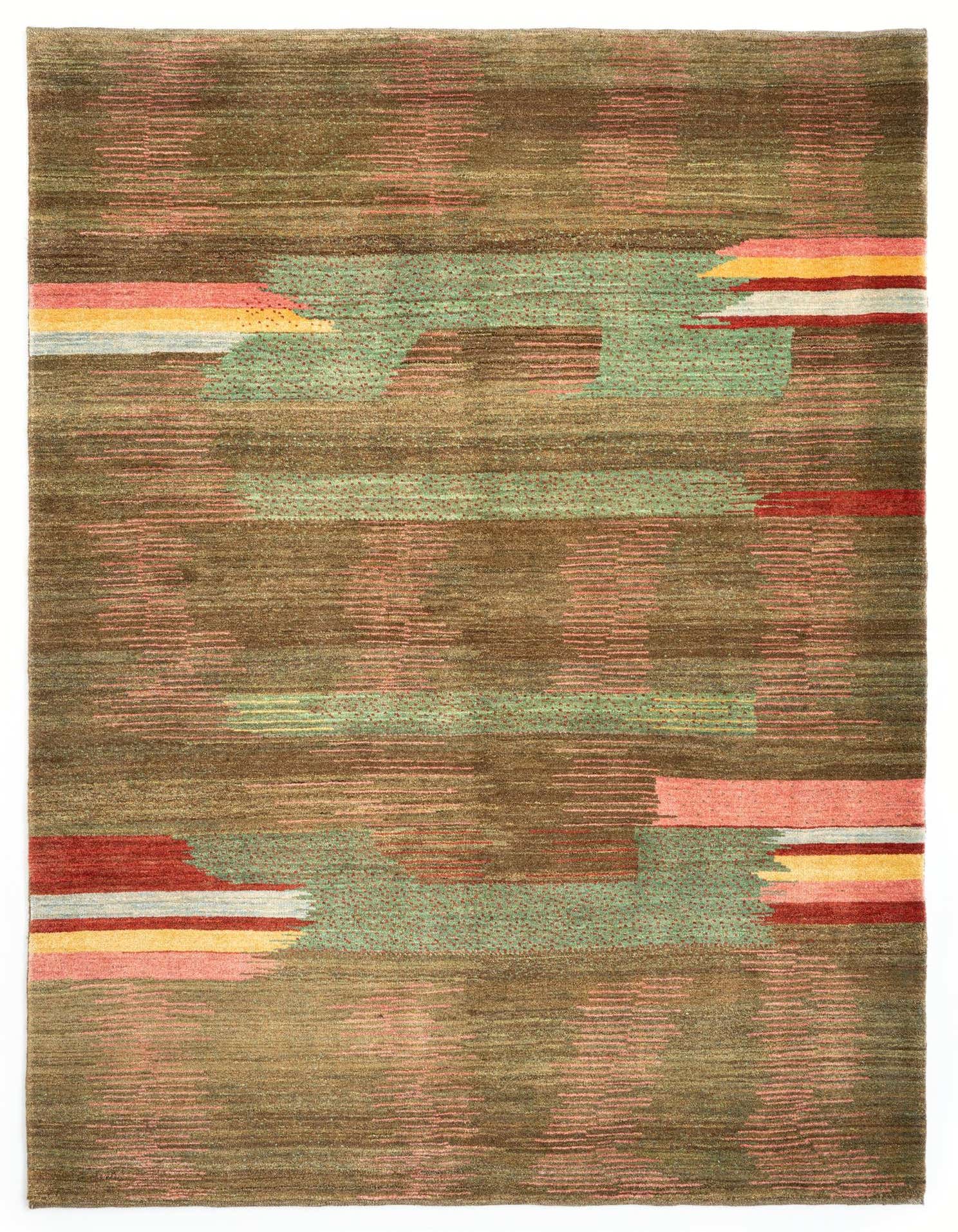 A 5x8 rectangular Juma Persian rug featuring a green base with abstract horizontal stripes in various shades of green, red, pink, and yellow.