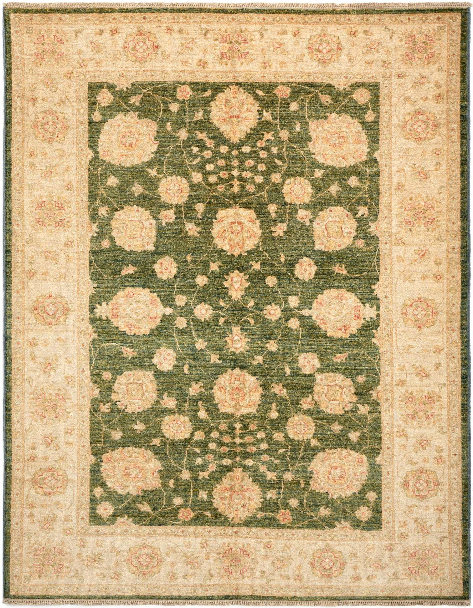 A 4x6 rectangular green Persian rug with a detailed floral pattern and a wide beige border.