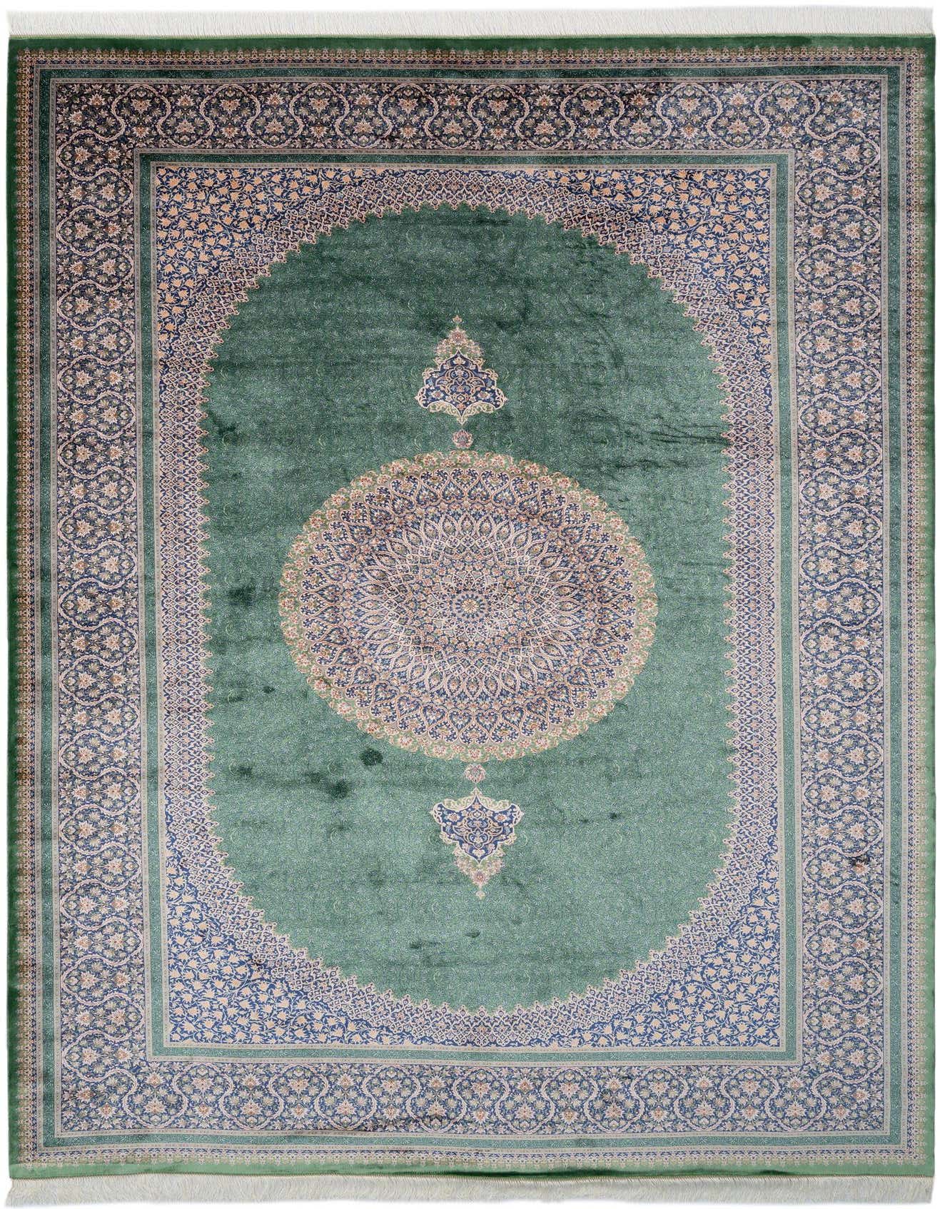 A 7x10 rectangular green Oriental rug with a central medallion and intricate floral border patterns.