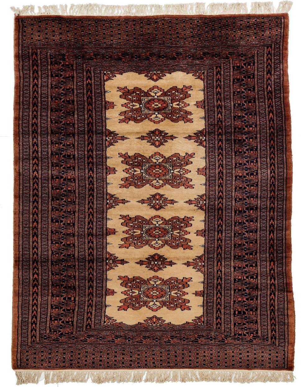 A 4x6 rectangular indoor wool rug featuring a traditional pattern with a light tan central field and dark brown borders, accented with red and black floral motifs.