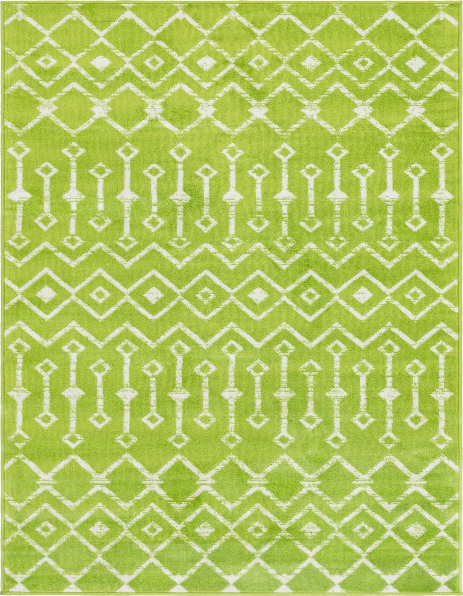 A 4x6 rectangular green rug with a white tribal trellis pattern, featuring diamonds and vertical motifs.