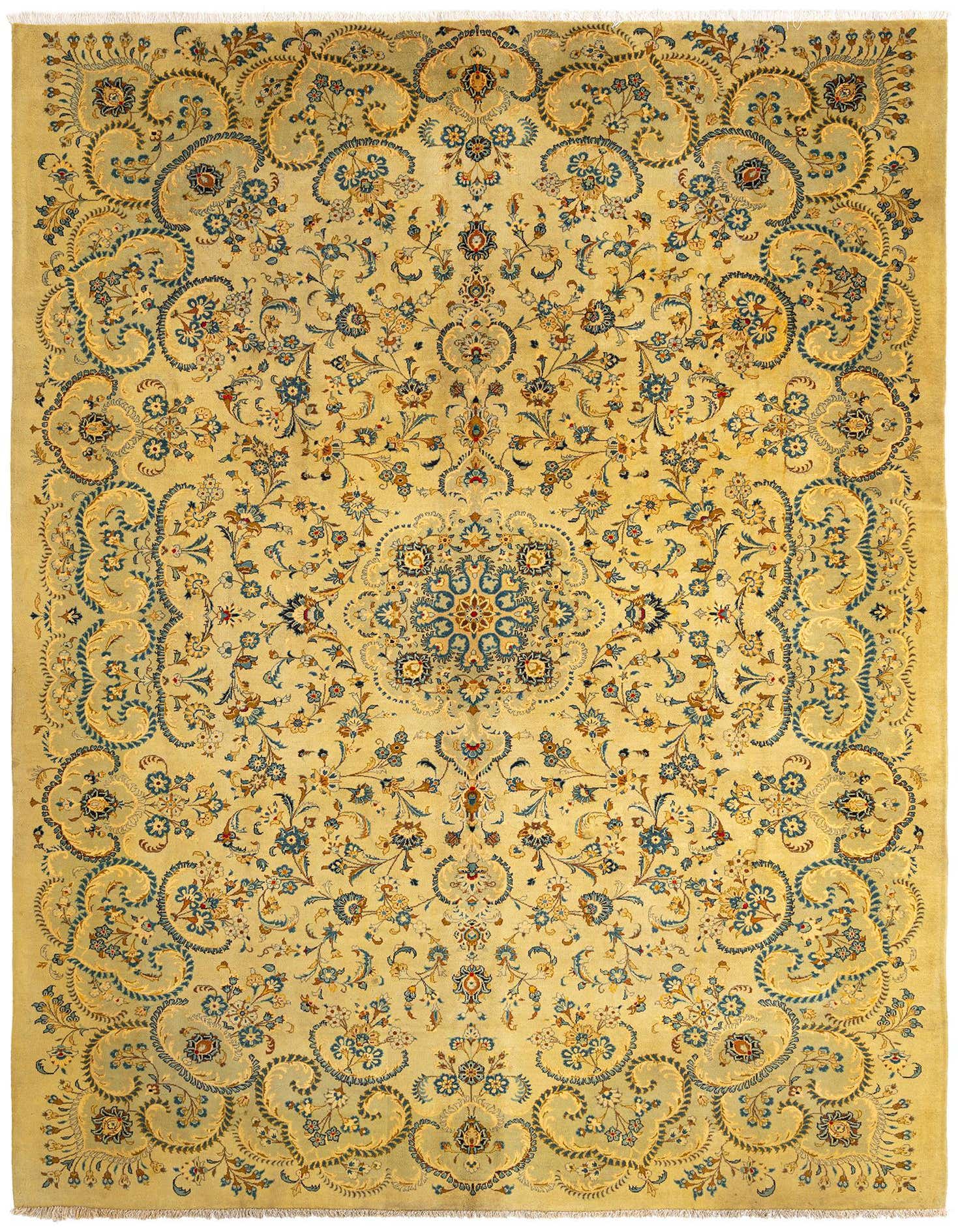 A large 10x14 rectangular green Persian rug with intricate floral and medallion patterns in blue, gold, and red.