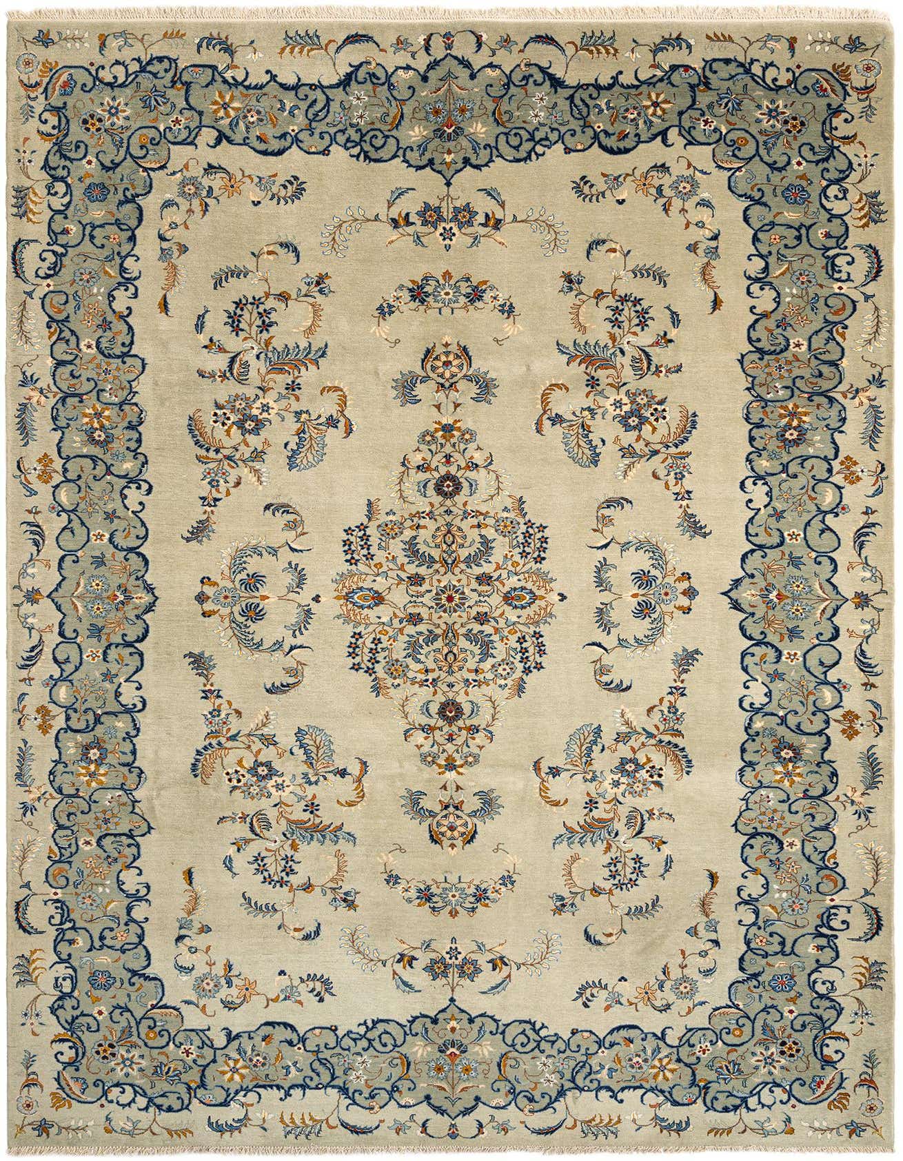 An 8x11 rectangular Kashan Persian rug with a light green field, intricate blue and gold floral patterns, and a detailed border.