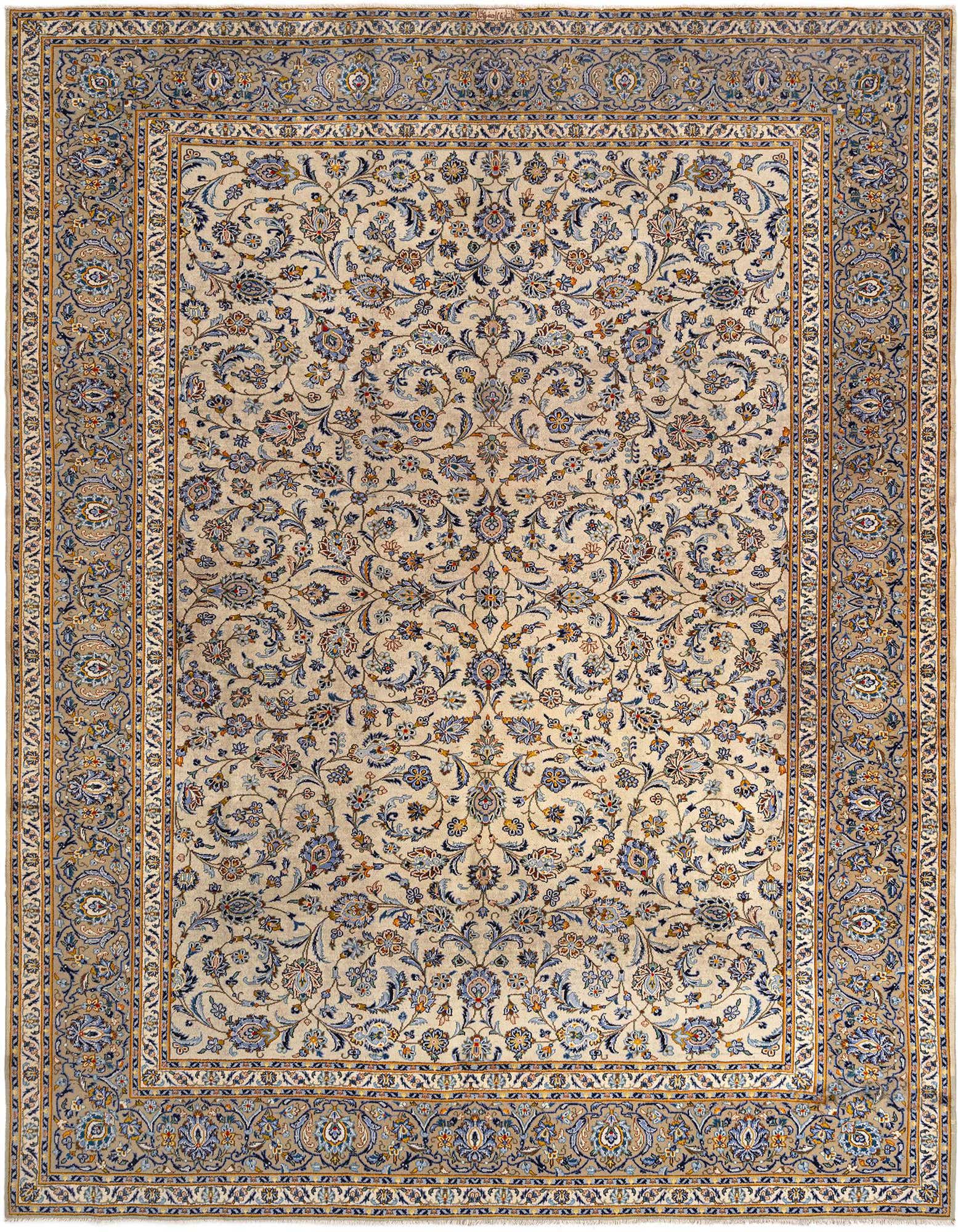 A 10x13 rectangular Persian rug with a cream background and intricate floral patterns in shades of green, blue, and gold.