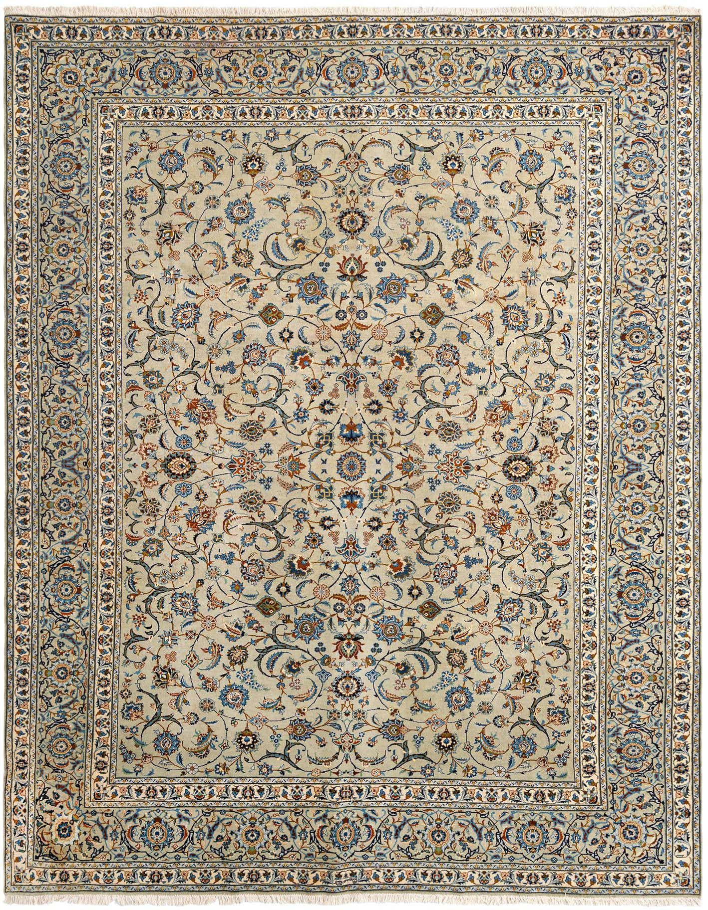 A 10x14 rectangular Kashan Persian rug in shades of green with intricate floral and medallion patterns, featuring a detailed border.